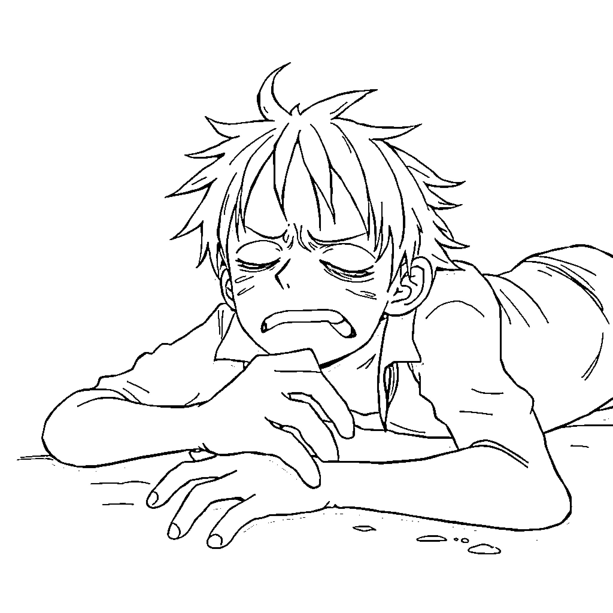 Monkey D Luffy resting with a serious expression Coloring Page (free black-and-white line drawing printable PDF for all, from beginners to advanced learners, including children, teens, adults, and seniors)