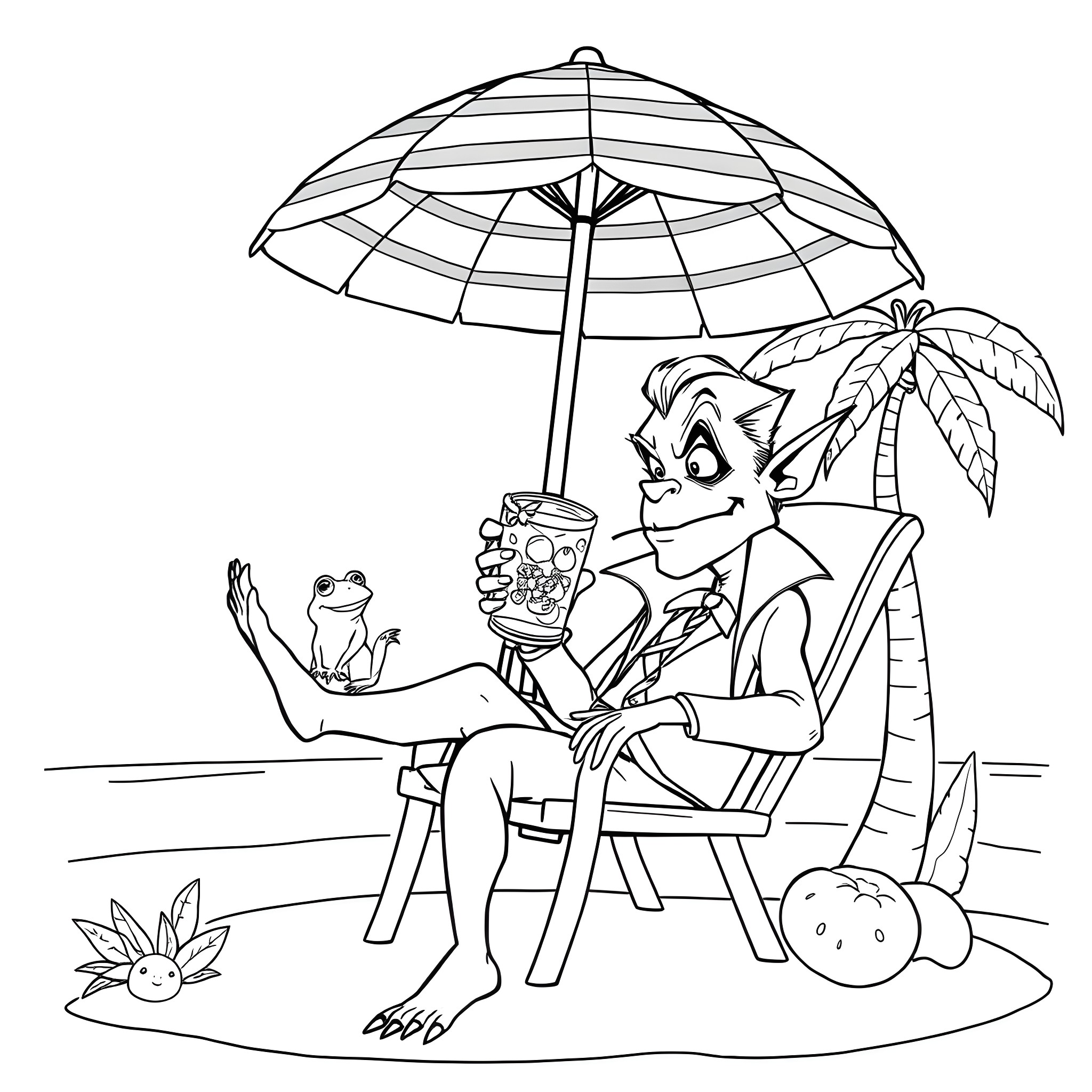Vampire enjoying a tropical cocktail on the beach Coloring Page (free black-and-white line drawing printable PDF for all, from beginners to advanced learners, including children, teens, adults, and seniors)