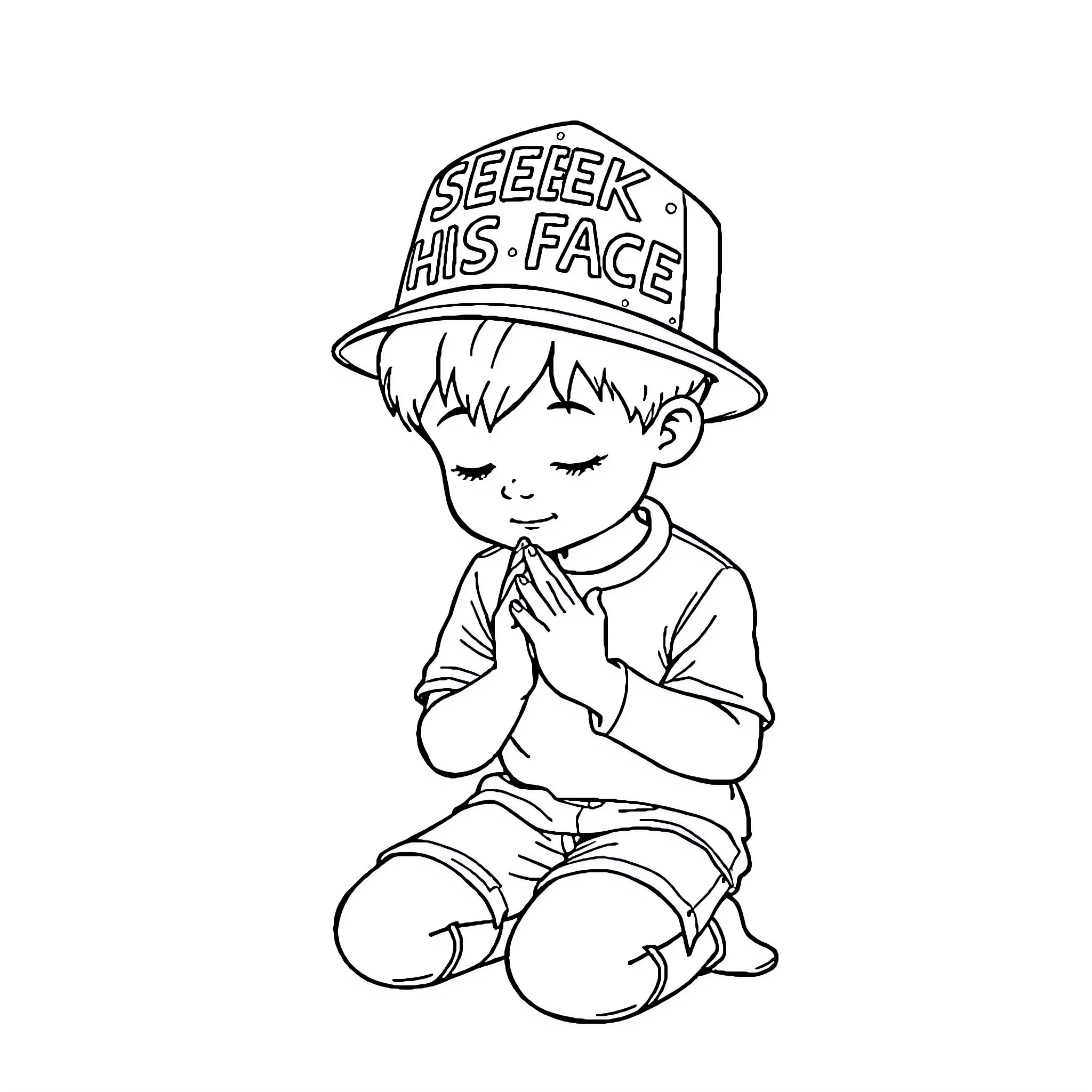 Boy wearing a humorous cap sitting in contemplation Coloring Page (free black-and-white line drawing printable PDF for all, from beginners to advanced learners, including children, teens, adults, and seniors)