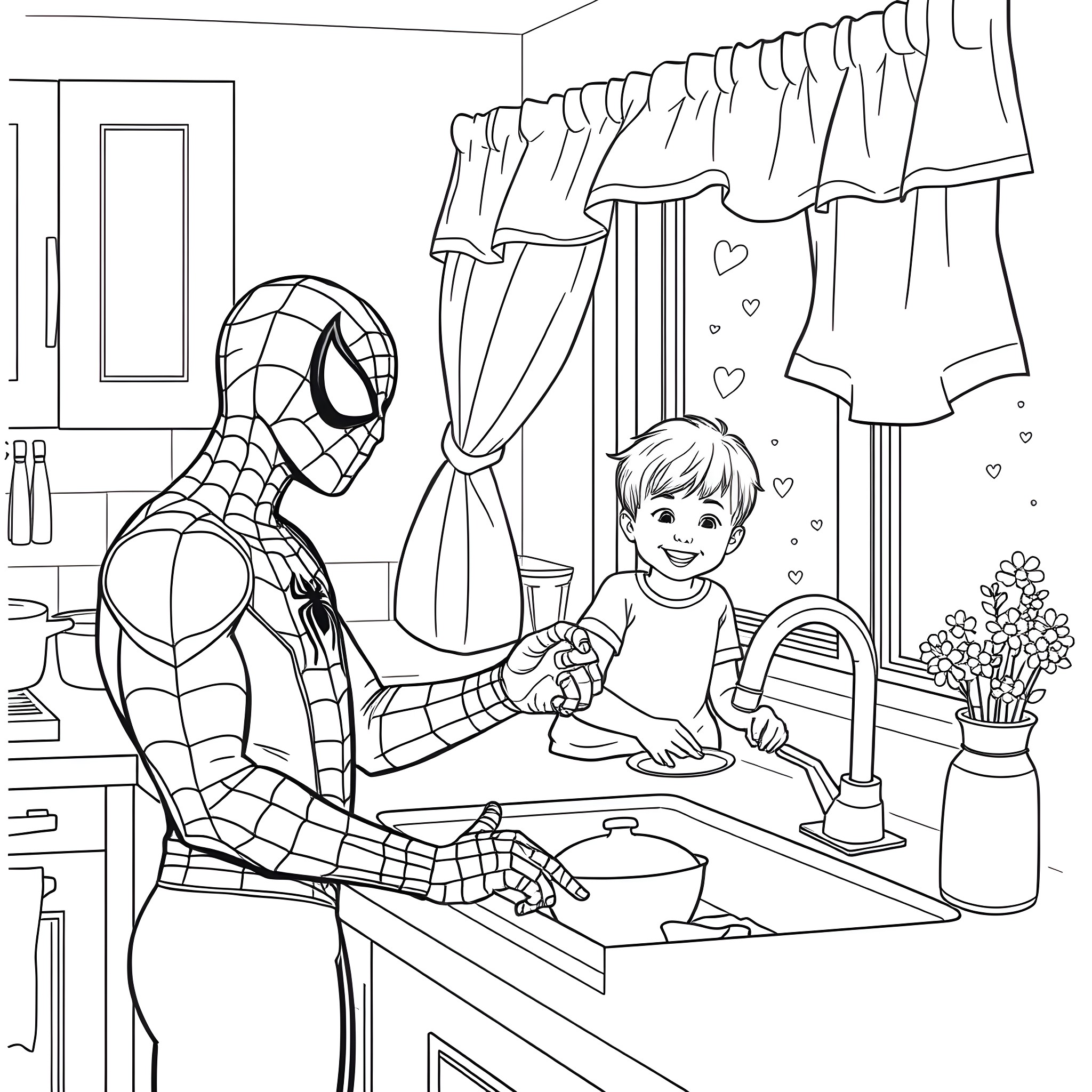 Spiderman helps a boy with homework in a cozy room Coloring Page (free black-and-white line drawing printable PDF for all, from beginners to advanced learners, including children, teens, adults, and seniors)