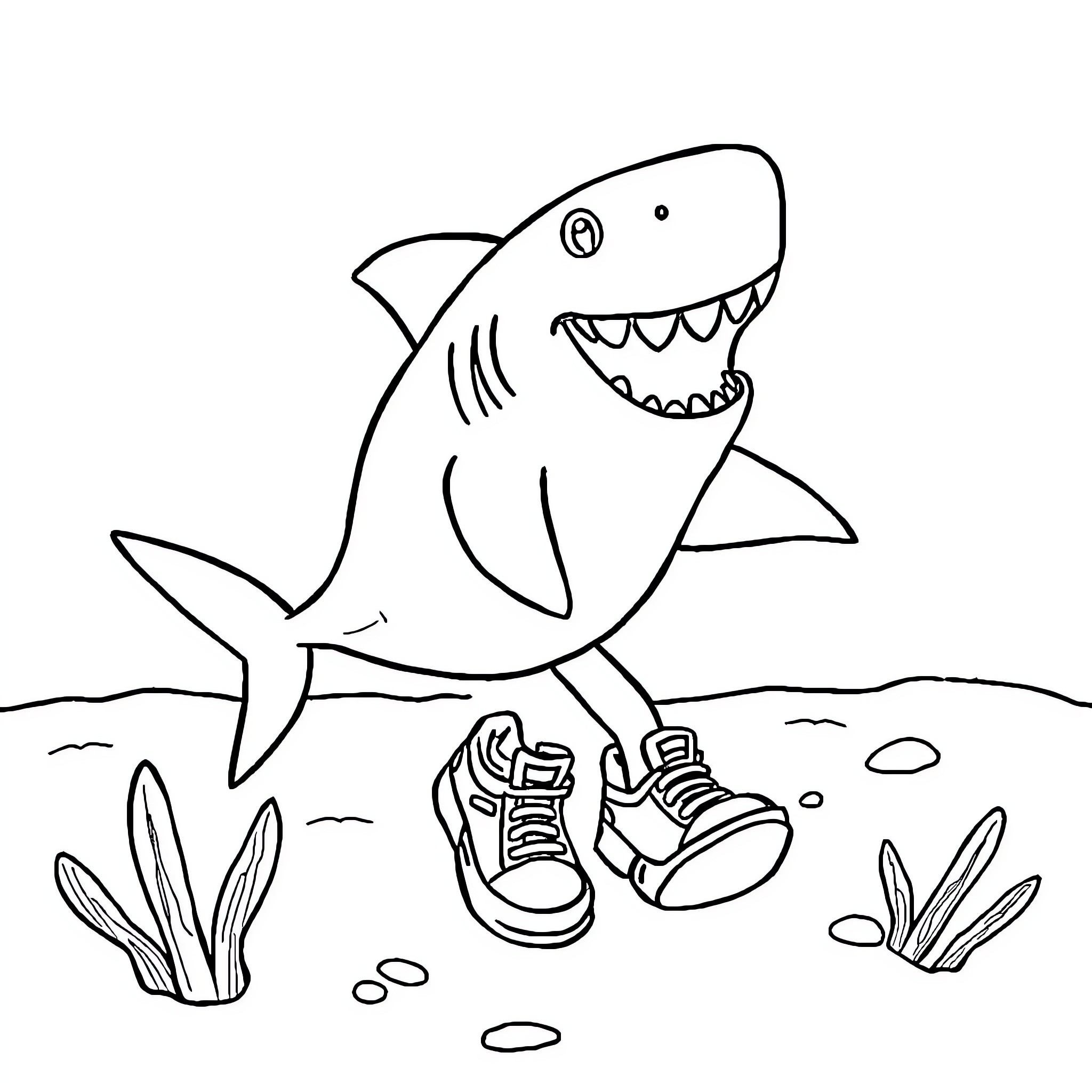 Shark chasing after a pair of sneakers Coloring Page (free black-and-white line drawing printable PDF for all, from beginners to advanced learners, including children, teens, adults, and seniors)