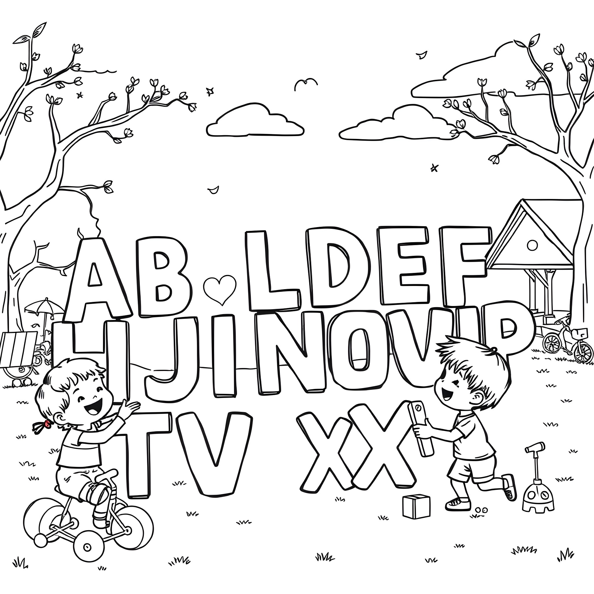Alphabet Letters in Playful Outdoor Scene Coloring Page (free black-and-white line drawing printable PDF for all, from beginners to advanced learners, including children, teens, adults, and seniors)