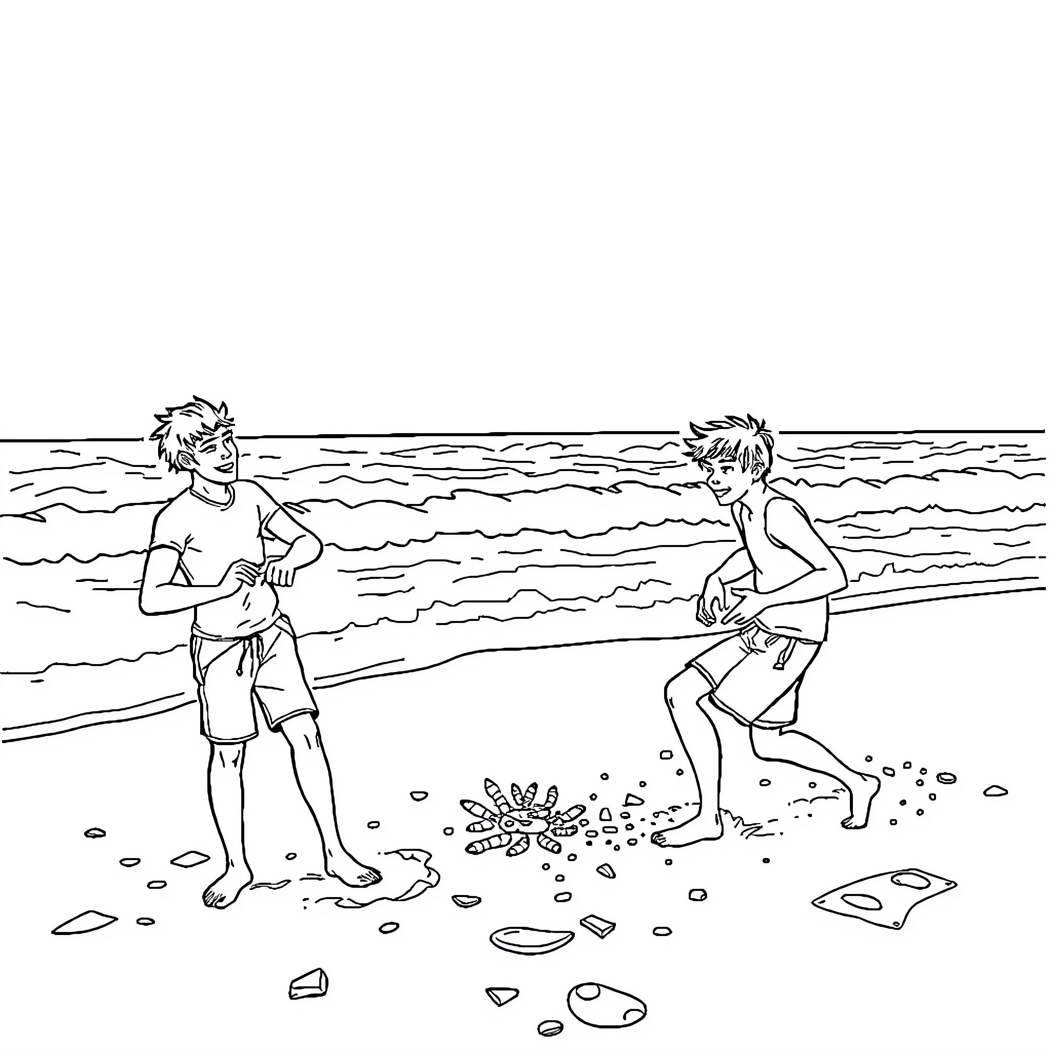 Tralaleros playing joyfully in the waves Coloring Page (free black-and-white line drawing printable PDF for all, from beginners to advanced learners, including children, teens, adults, and seniors)