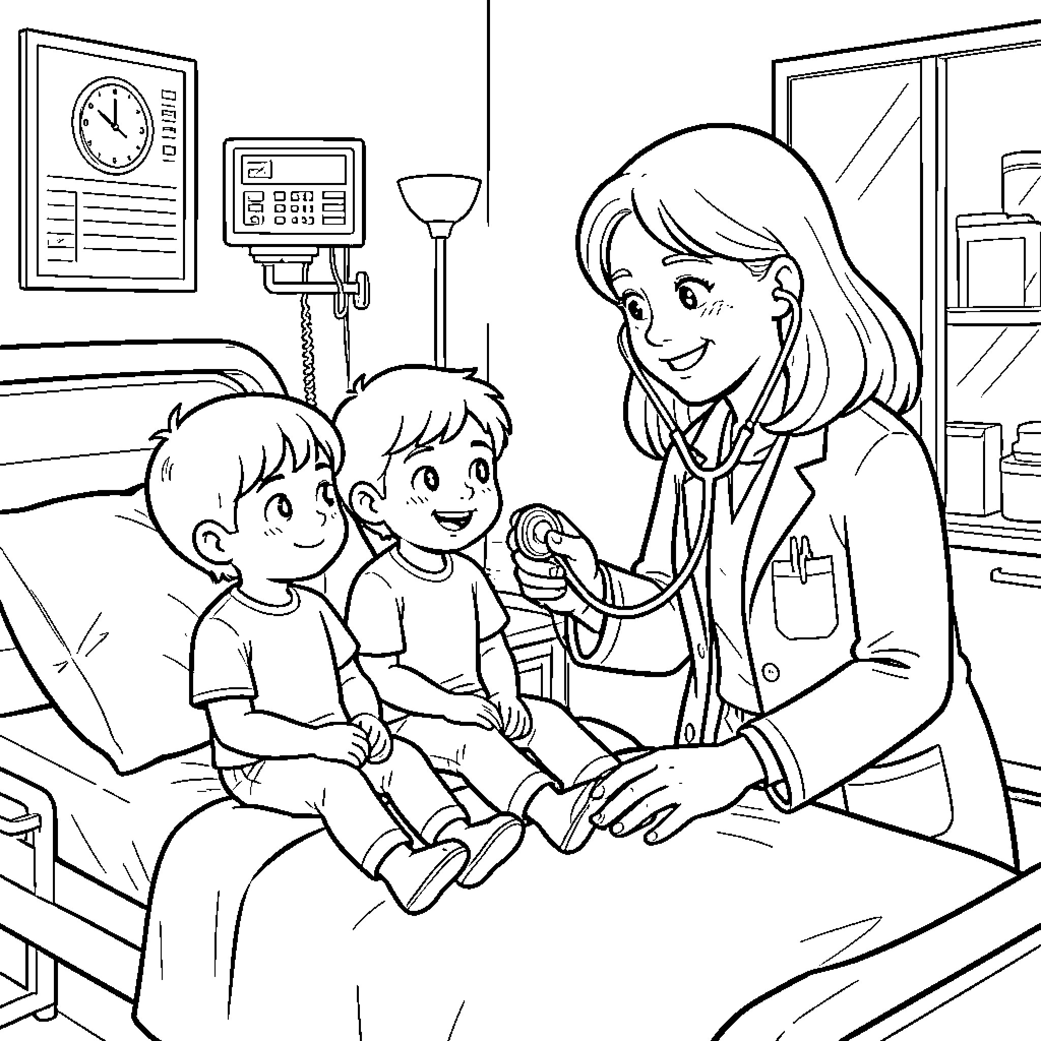 Niños en el consultorio médico Coloring Page (free black-and-white line drawing printable PDF for all, from beginners to advanced learners, including children, teens, adults, and seniors)
