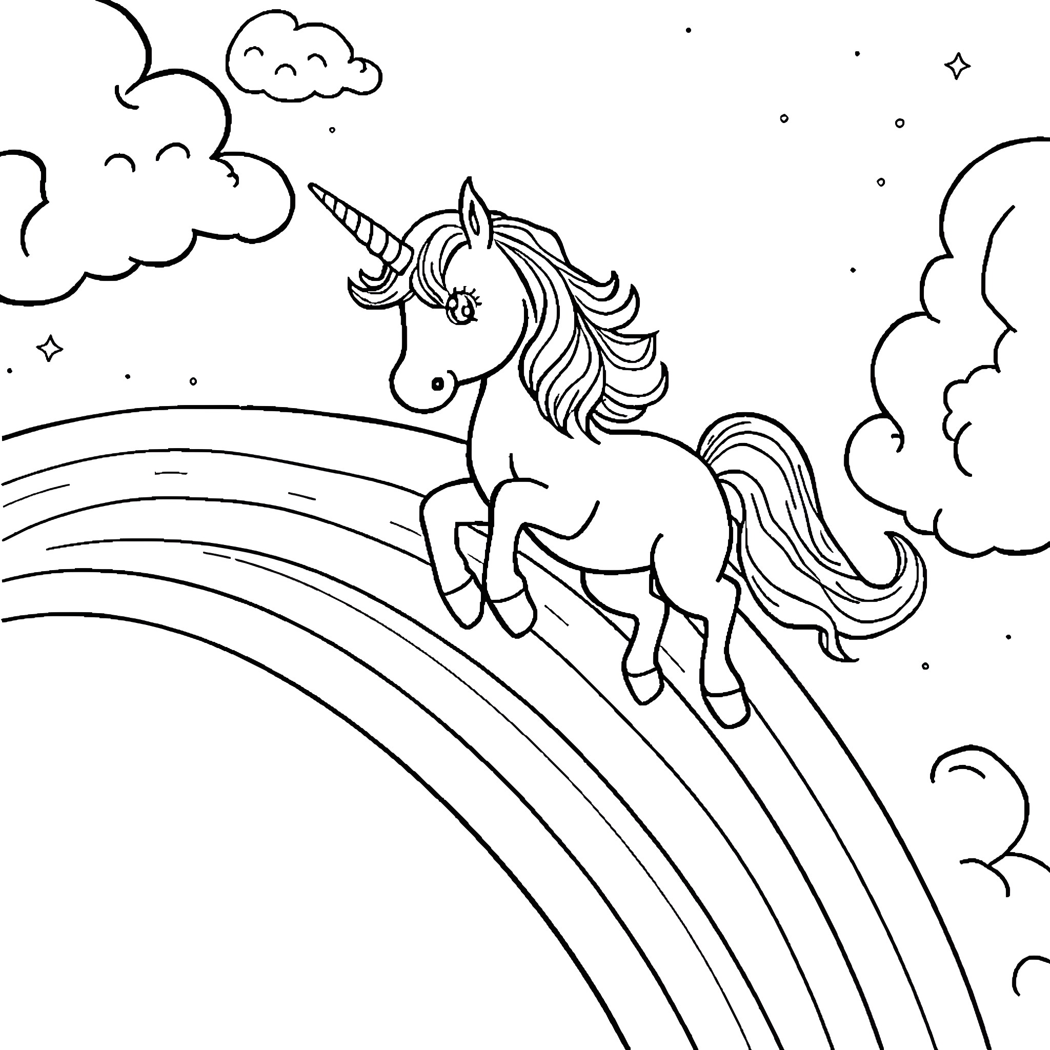 Unicorn galloping through a magical rainbow sky Coloring Page (free black-and-white line drawing printable PDF for all, from beginners to advanced learners, including children, teens, adults, and seniors)