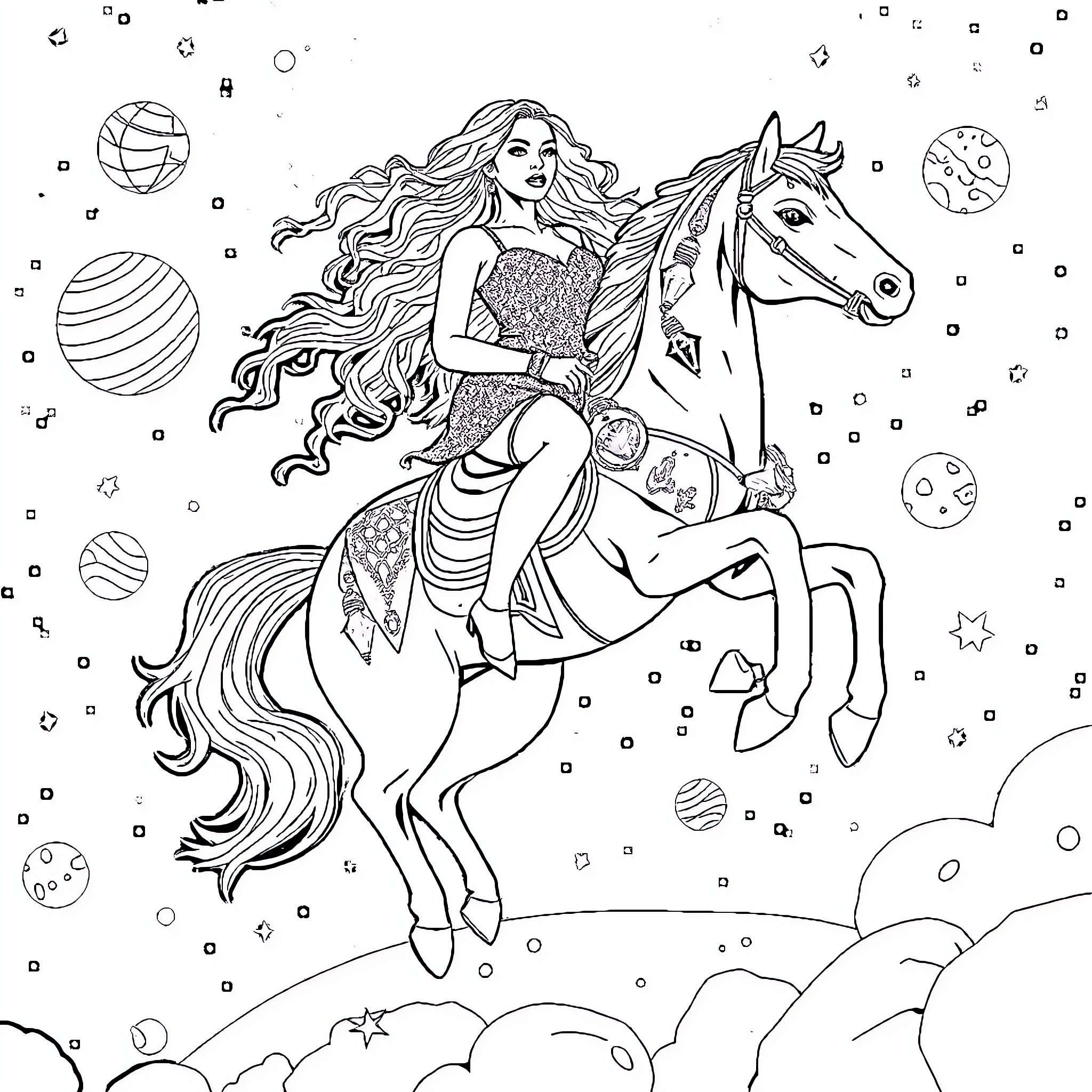 Beyonce's Cosmic Equestrian Adventure Coloring Page (free black-and-white line drawing printable PDF for all, from beginners to advanced learners, including children, teens, adults, and seniors)