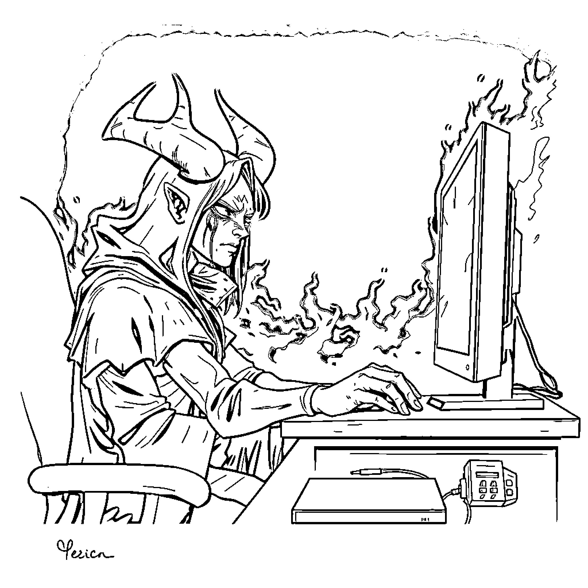 Demon Hunter intensely focused on computer Coloring Page (free black-and-white line drawing printable PDF for all, from beginners to advanced learners, including children, teens, adults, and seniors)