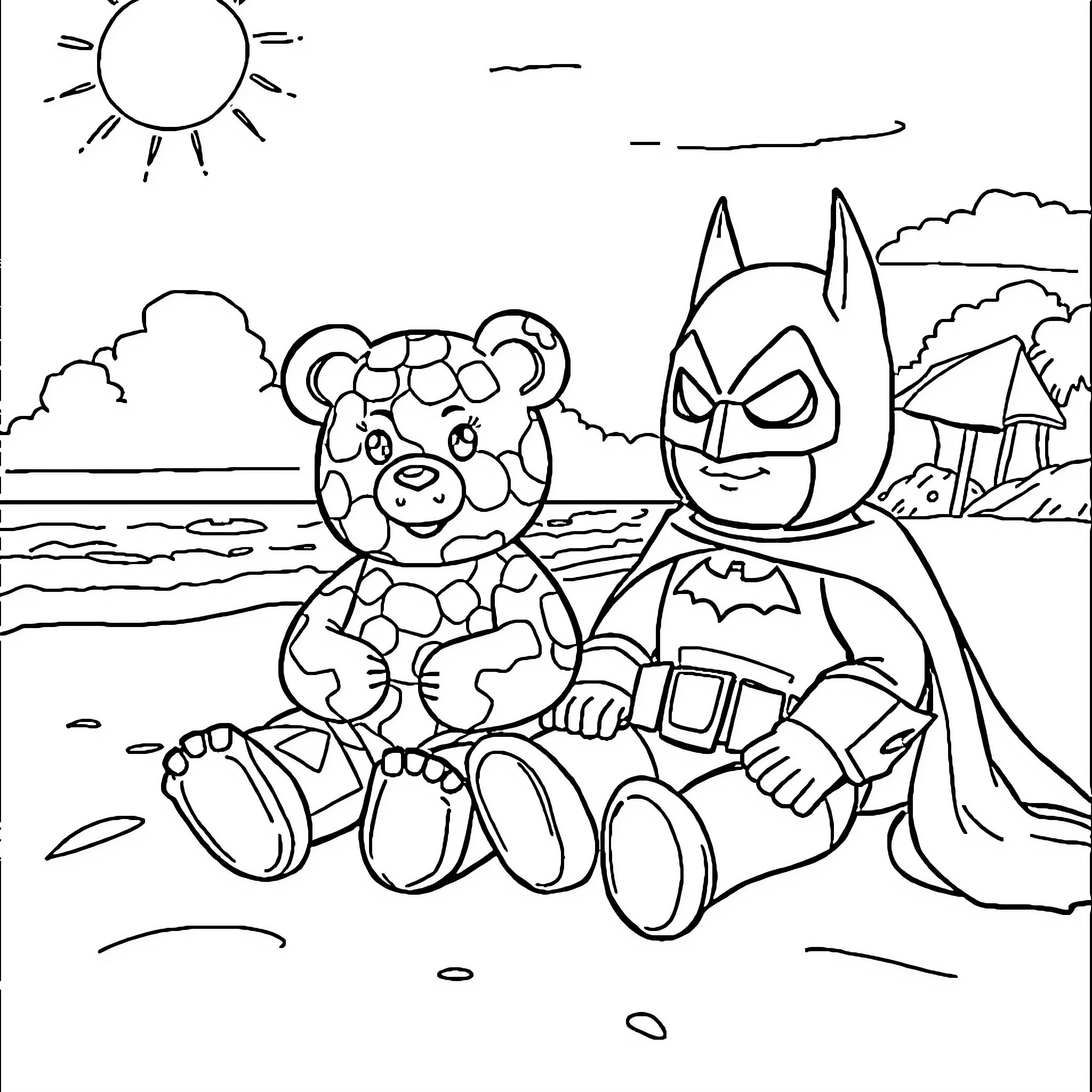 Gummy Bear Batman and Stuffed Animal Enjoying Nature Coloring Page (free black-and-white line drawing printable PDF for all, from beginners to advanced learners, including children, teens, adults, and seniors)