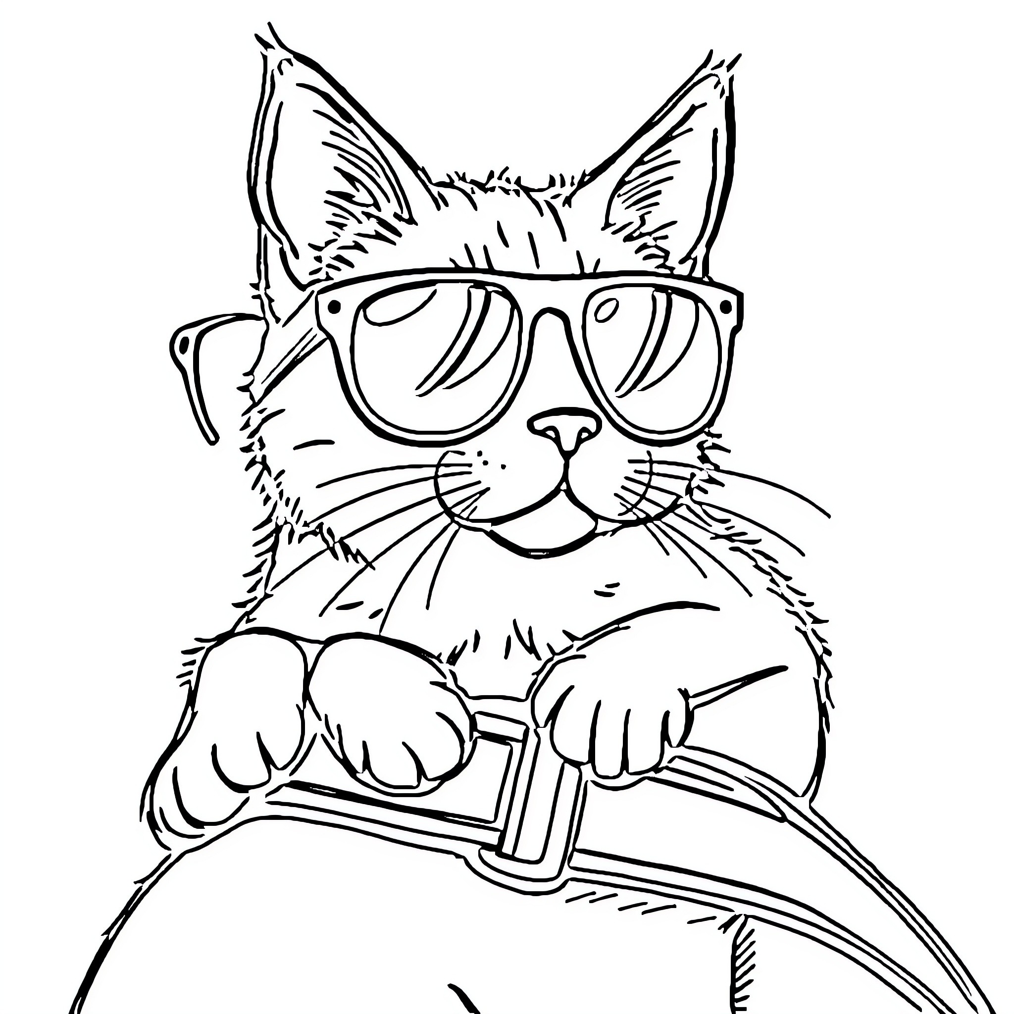 Cat Wearing Glasses and Holding Laptop Coloring Page (free black-and-white line drawing printable PDF for all, from beginners to advanced learners, including children, teens, adults, and seniors)