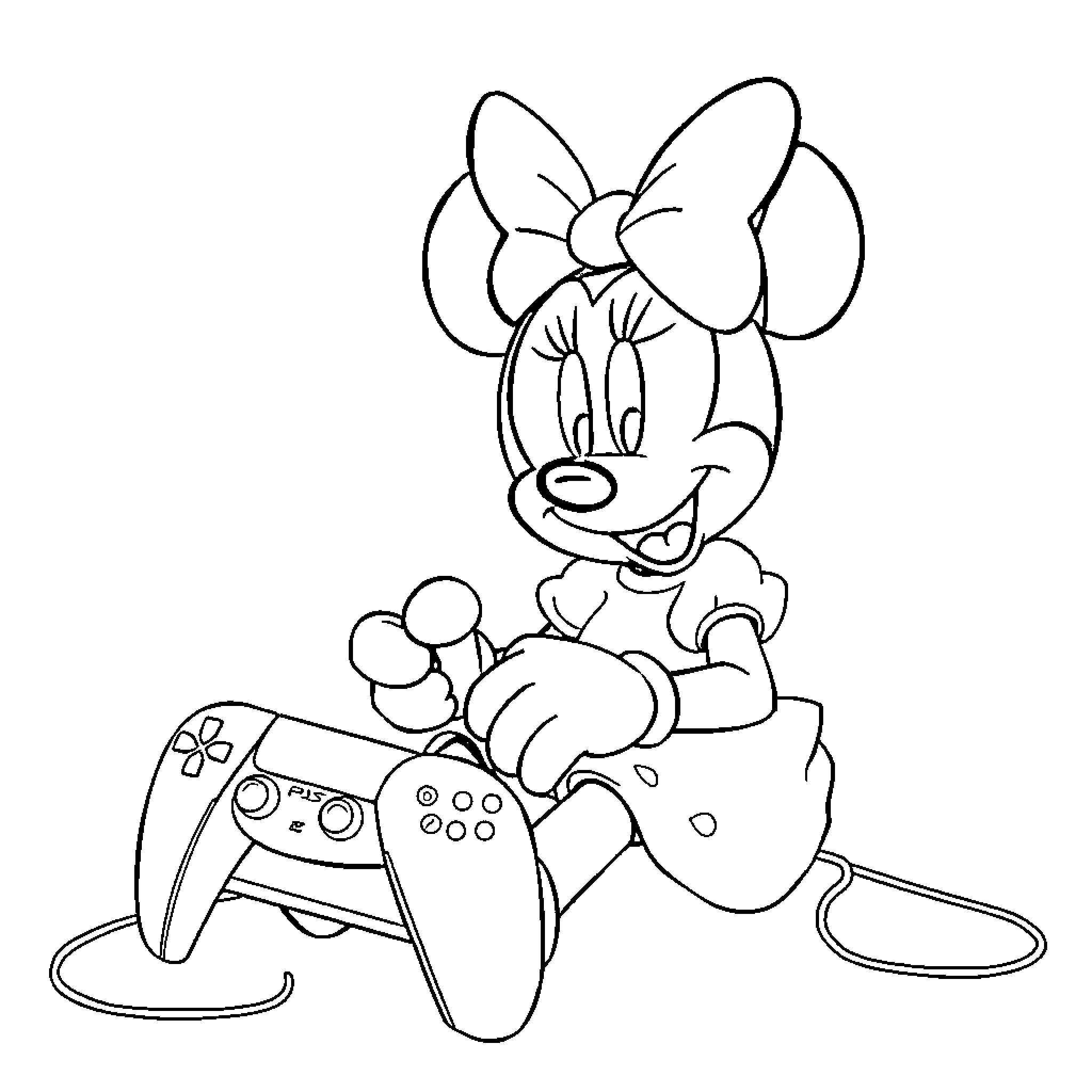 Minnie Mouse playing video games happily Coloring Page (free black-and-white line drawing printable PDF for all, from beginners to advanced learners, including children, teens, adults, and seniors)