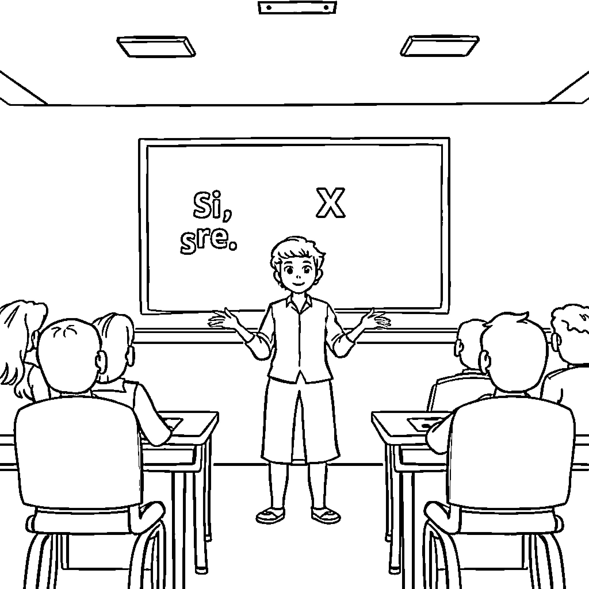 Teacher explaining math problem on chalkboard to students Coloring Page (free black-and-white line drawing printable PDF for all, from beginners to advanced learners, including children, teens, adults, and seniors)