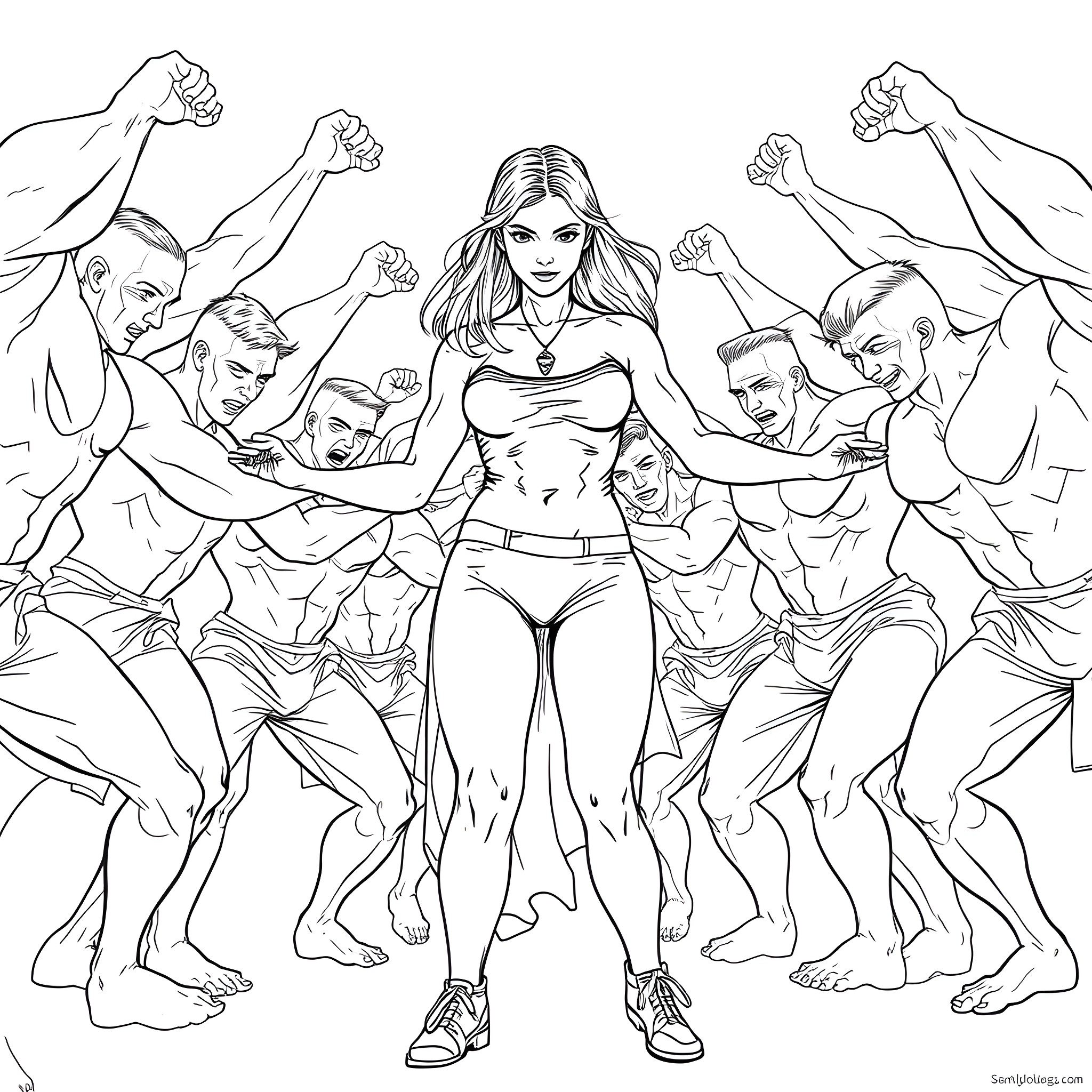 Girl leading a team of superheroes in action Coloring Page (free black-and-white line drawing printable PDF for all, from beginners to advanced learners, including children, teens, adults, and seniors)