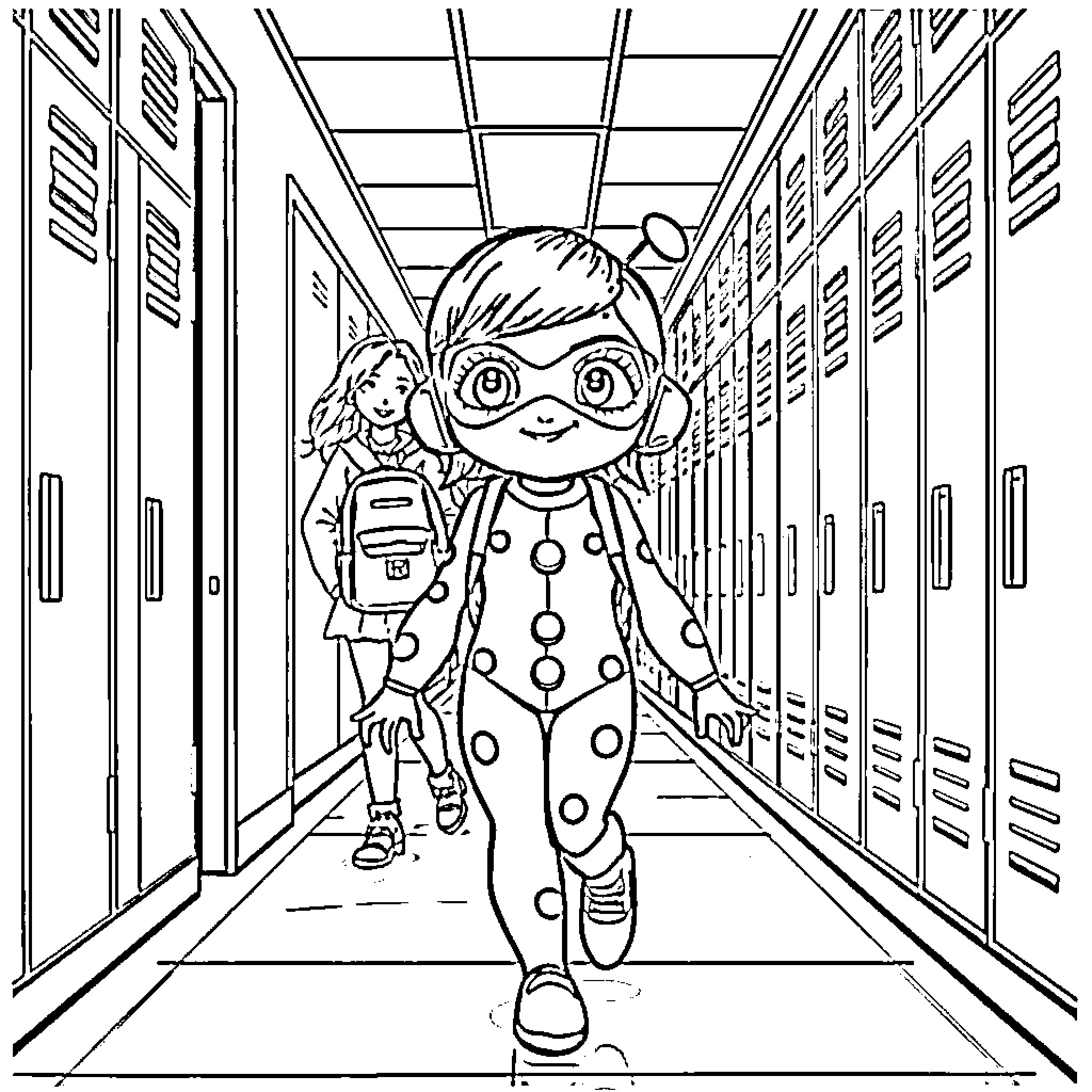 Miraculous Ladybug in School Hallway Coloring Page (free black-and-white line drawing printable PDF for all, from beginners to advanced learners, including children, teens, adults, and seniors)