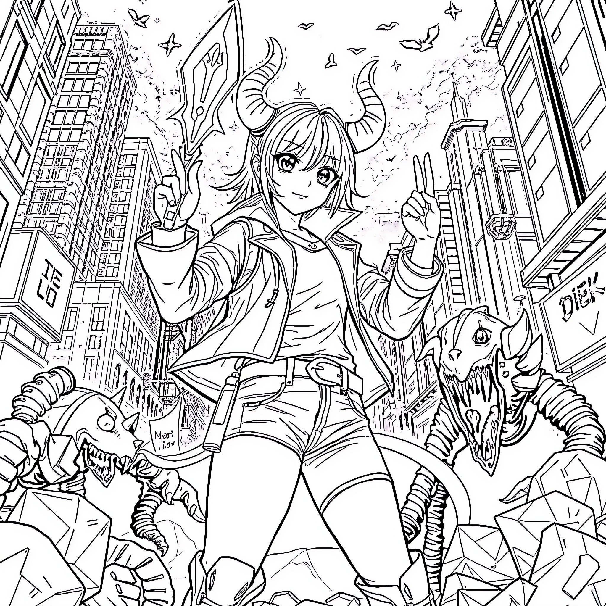 Mira's Adventure in the City Coloring Page (free black-and-white line drawing printable PDF for all, from beginners to advanced learners, including children, teens, adults, and seniors)