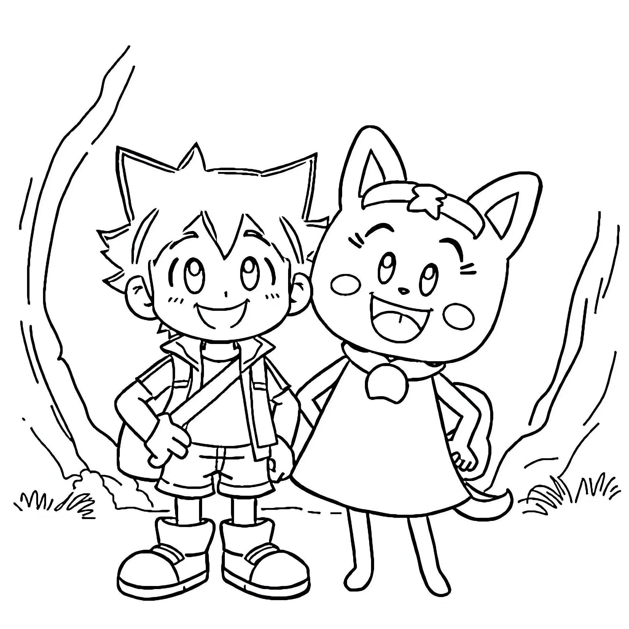 Songoku and his cat friend in an animated scene Coloring Page (free black-and-white line drawing printable PDF for all, from beginners to advanced learners, including children, teens, adults, and seniors)