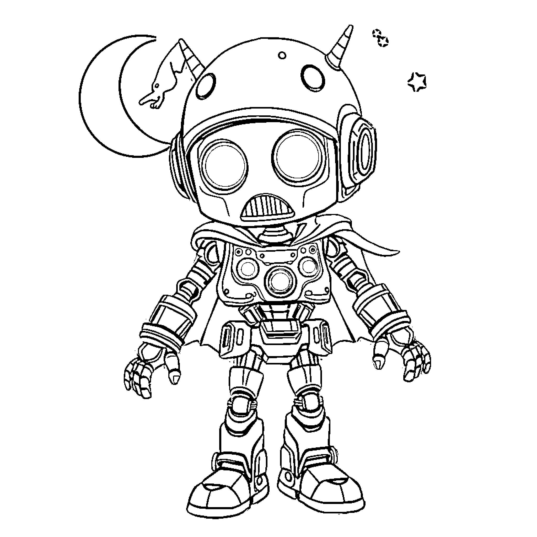 Robot exploring the cosmic universe Coloring Page (free black-and-white line drawing printable PDF for all, from beginners to advanced learners, including children, teens, adults, and seniors)