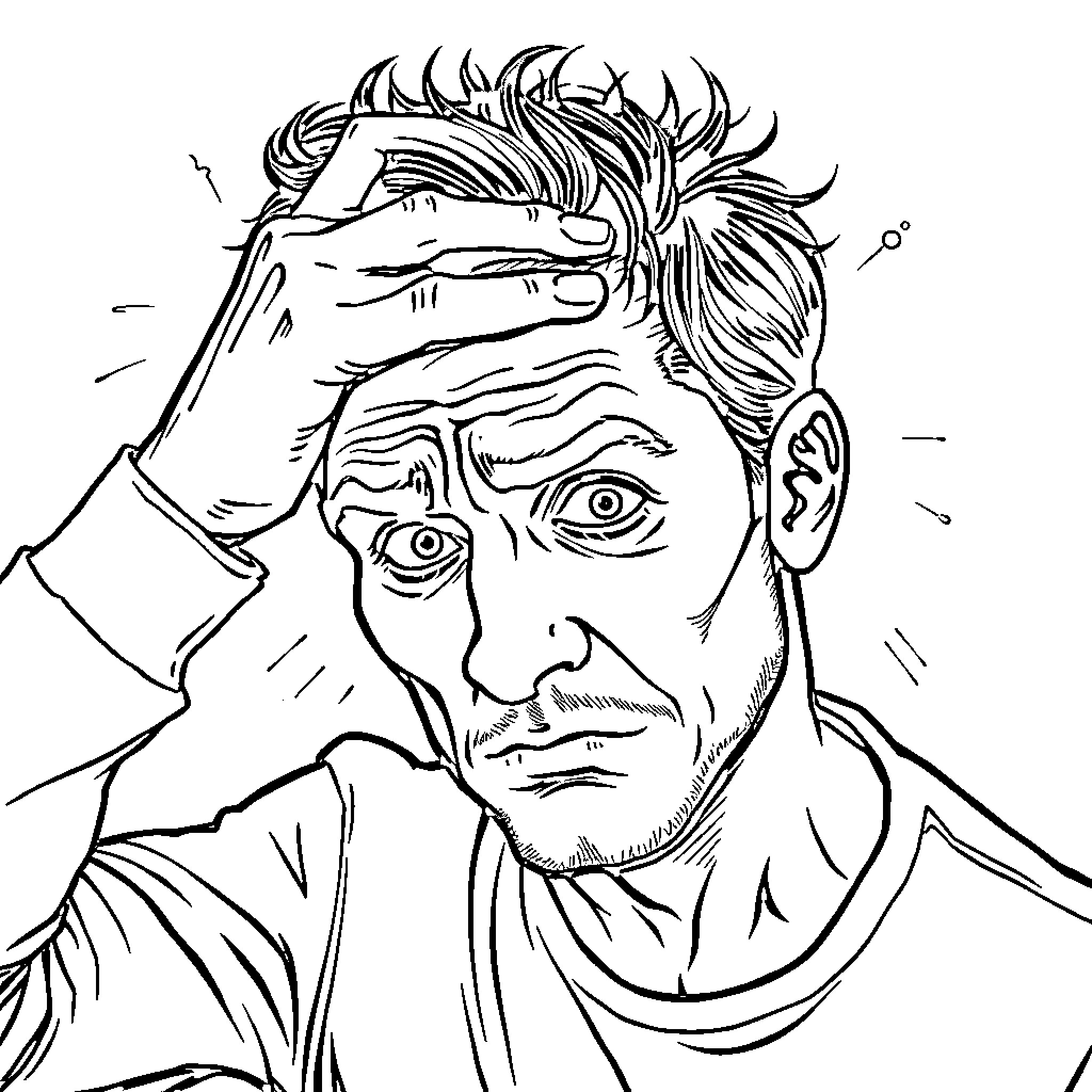 Man with troubled expression and disheveled appearance Coloring Page (free black-and-white line drawing printable PDF for all, from beginners to advanced learners, including children, teens, adults, and seniors)