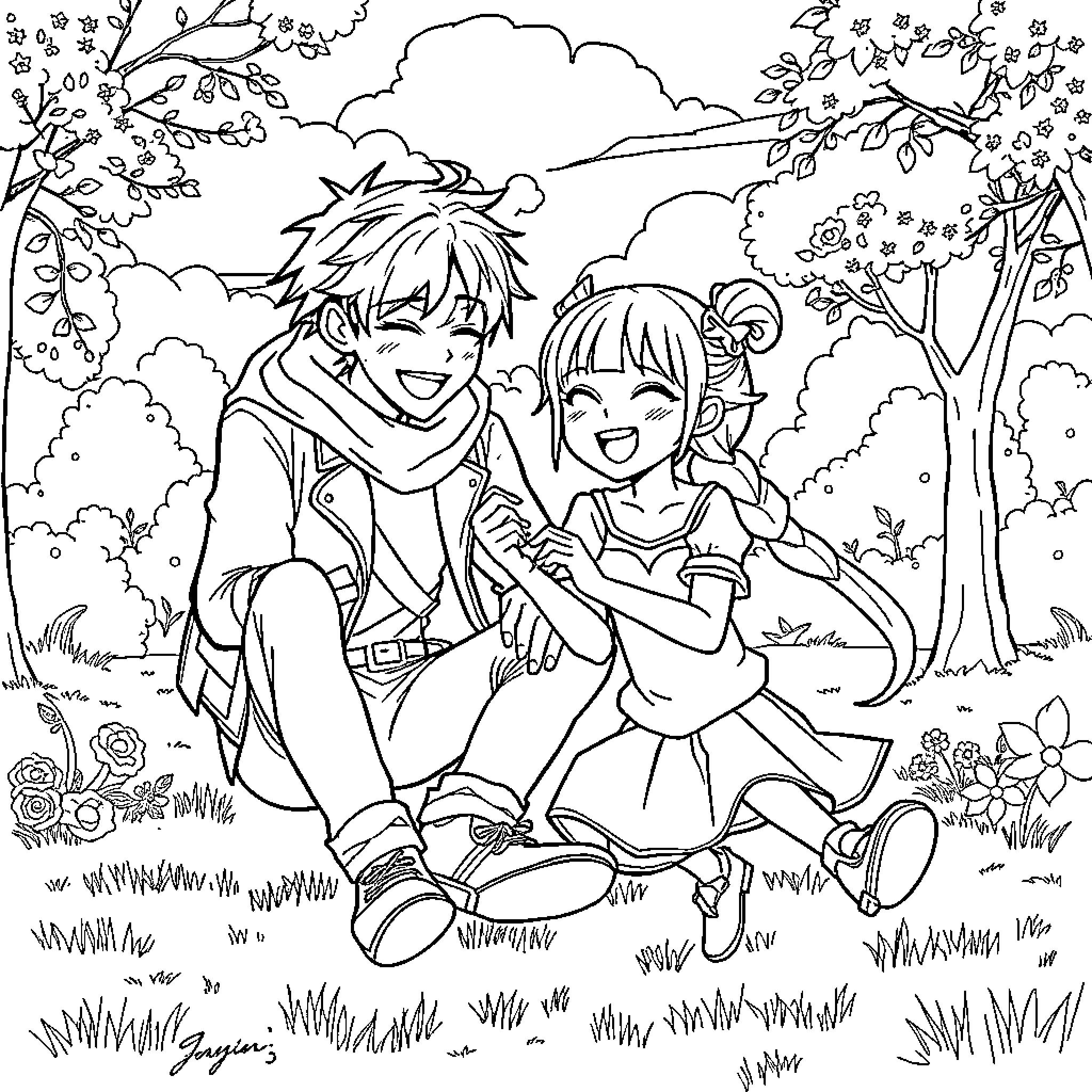 Rumi's Joyful Adventure in the Blooming Garden Coloring Page (free black-and-white line drawing printable PDF for all, from beginners to advanced learners, including children, teens, adults, and seniors)