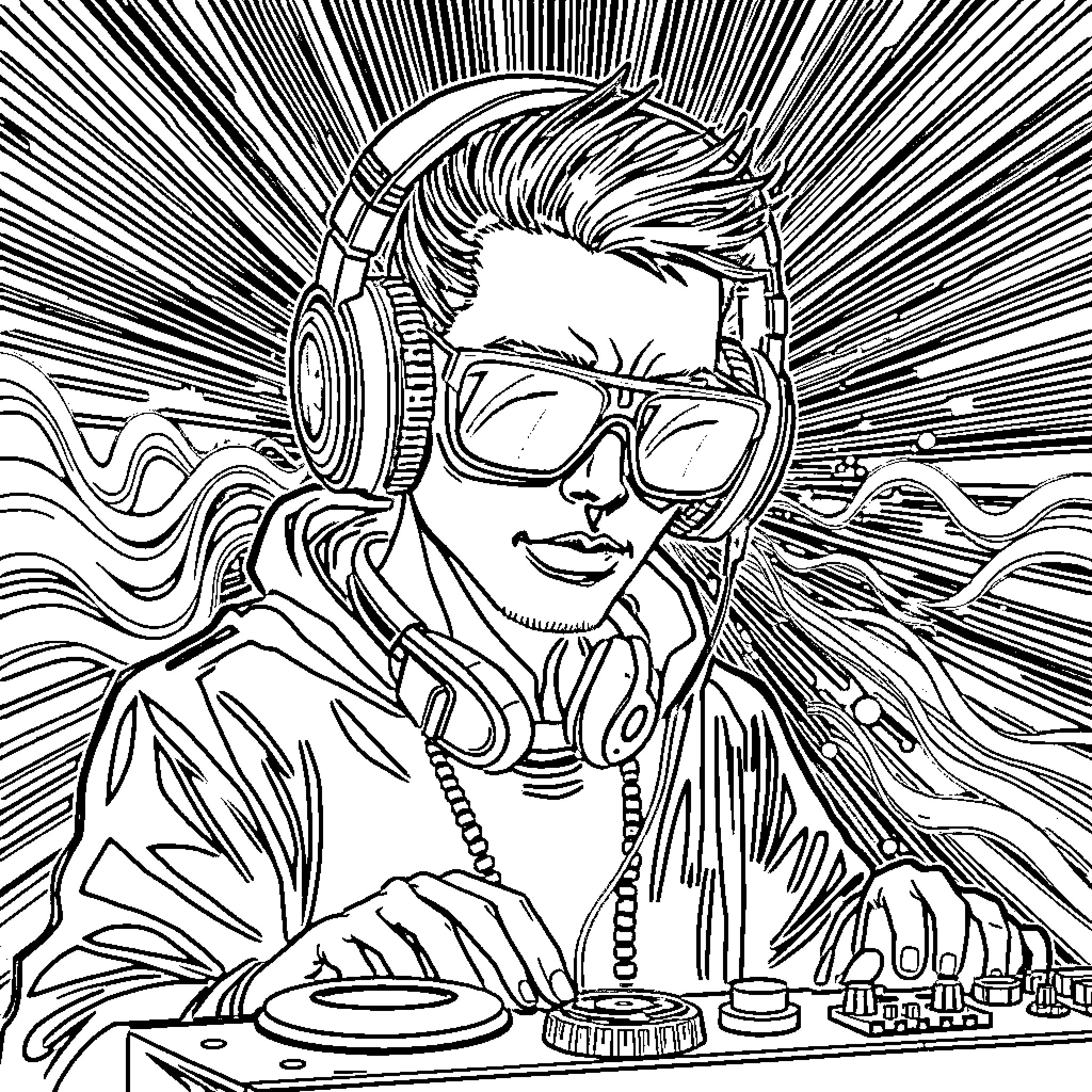 DJ performing lively music with headphones and turntables Coloring Page (free black-and-white line drawing printable PDF for all, from beginners to advanced learners, including children, teens, adults, and seniors)