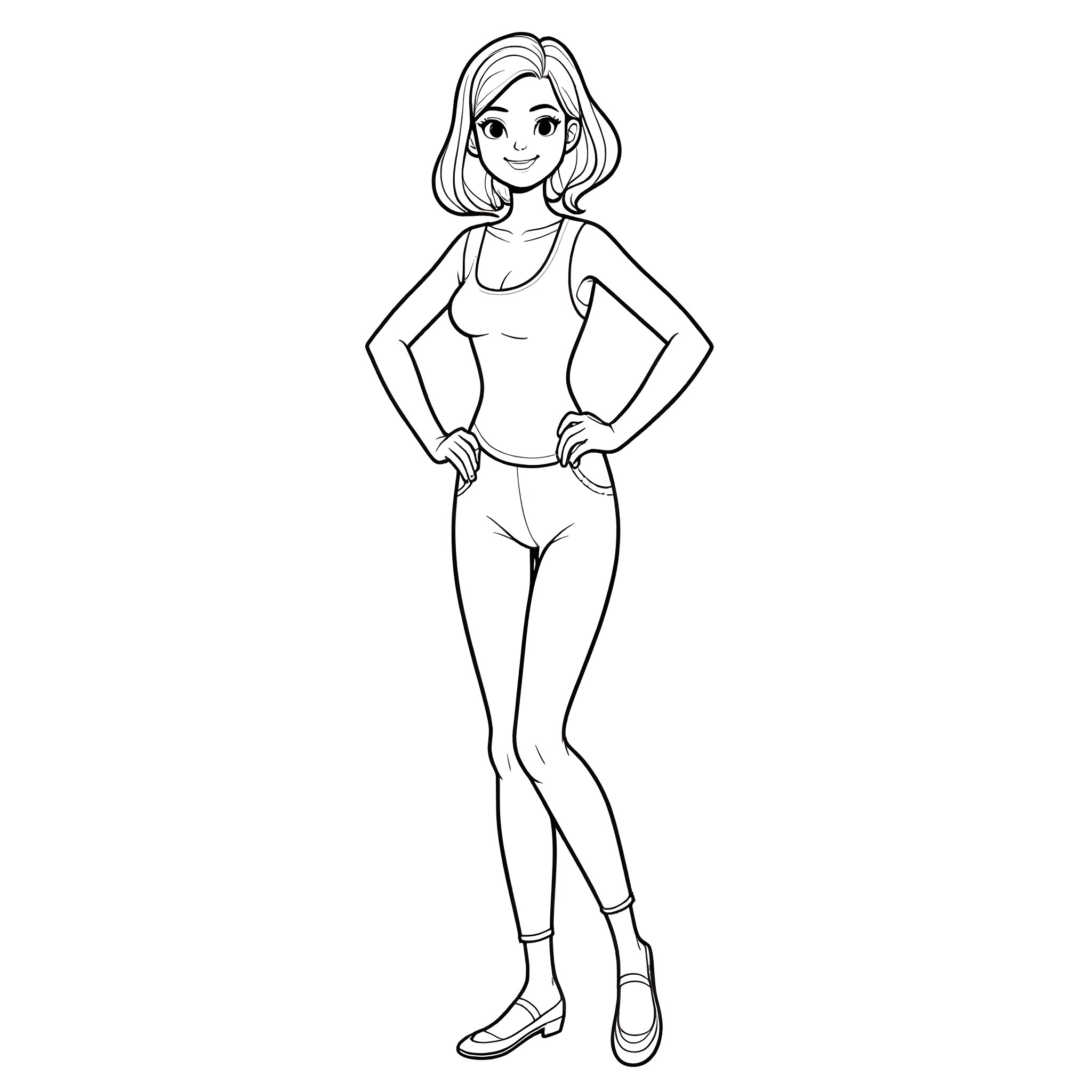 Amy Harrington posing with confidence Coloring Page (free black-and-white line drawing printable PDF for all, from beginners to advanced learners, including children, teens, adults, and seniors)