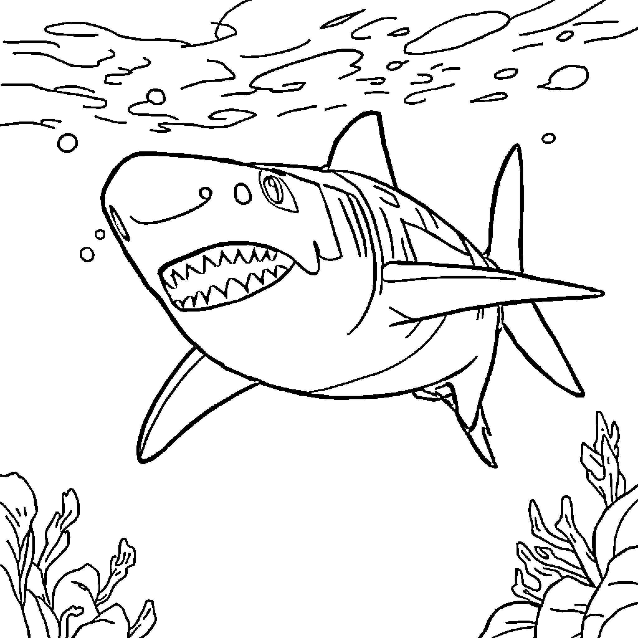 Shark swimming ferociously in the ocean Coloring Page (free black-and-white line drawing printable PDF for all, from beginners to advanced learners, including children, teens, adults, and seniors)
