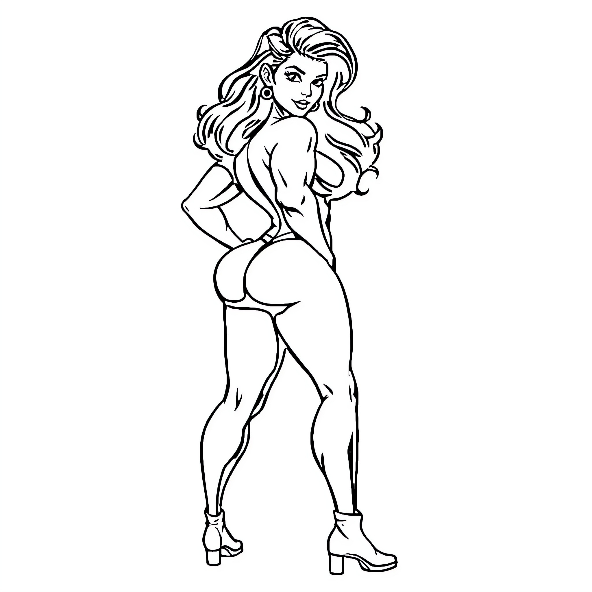 Power Girl in confident heroic pose Coloring Page (free black-and-white line drawing printable PDF for all, from beginners to advanced learners, including children, teens, adults, and seniors)