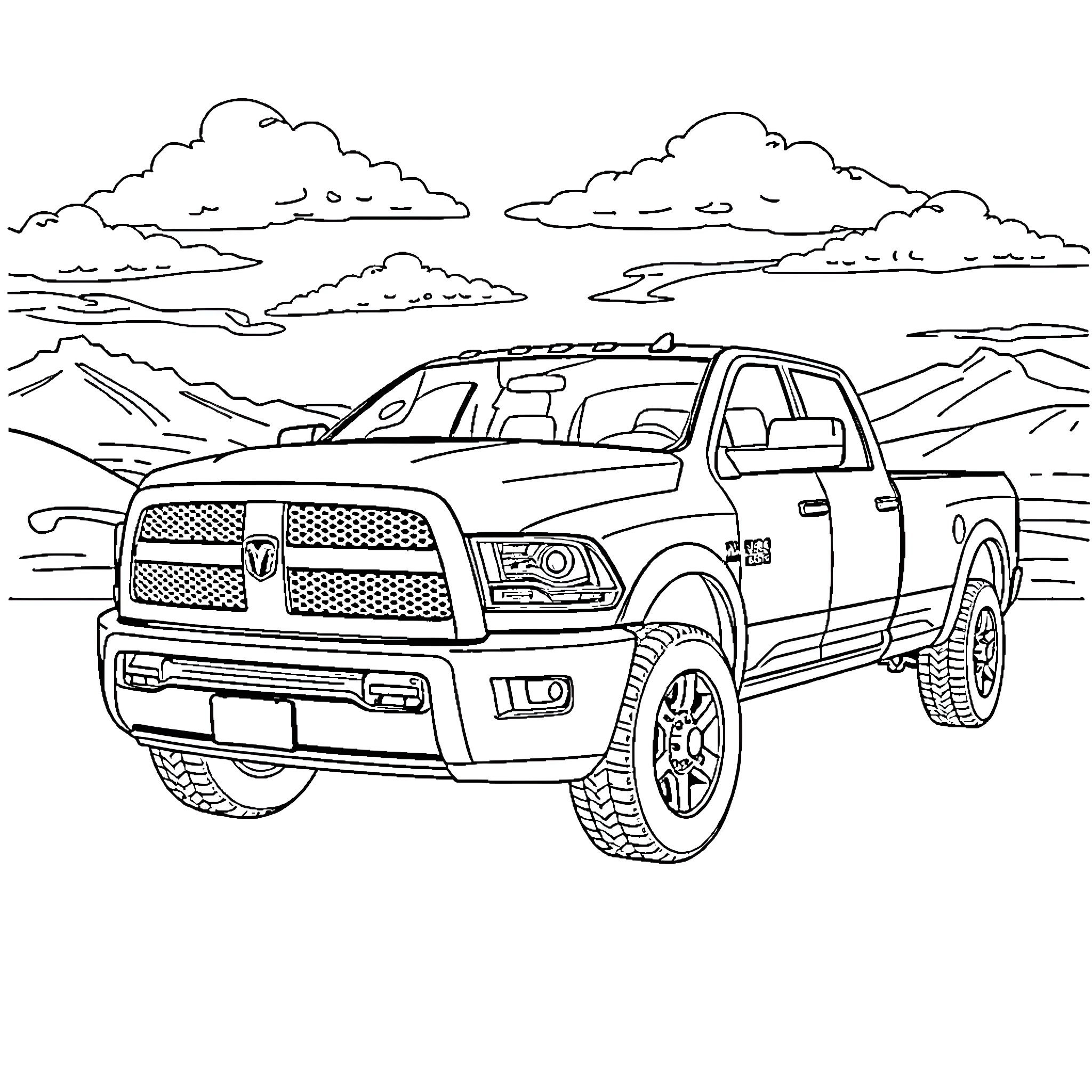 Ram Truck Exploring the Rugged Outdoors Coloring Page (free black-and-white line drawing printable PDF for all, from beginners to advanced learners, including children, teens, adults, and seniors)