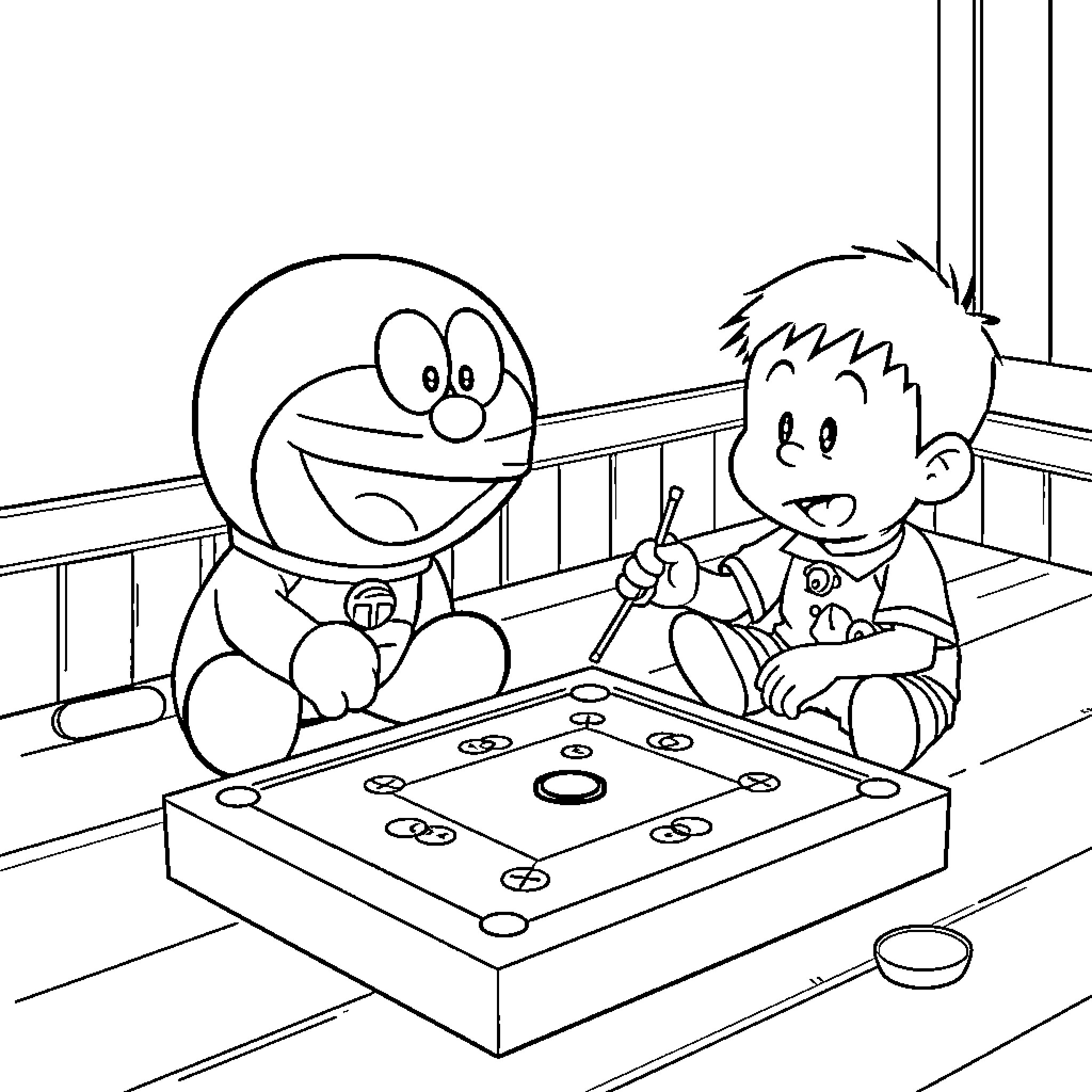 Doraemon and Nobita playing a board game together Coloring Page (free black-and-white line drawing printable PDF for all, from beginners to advanced learners, including children, teens, adults, and seniors)