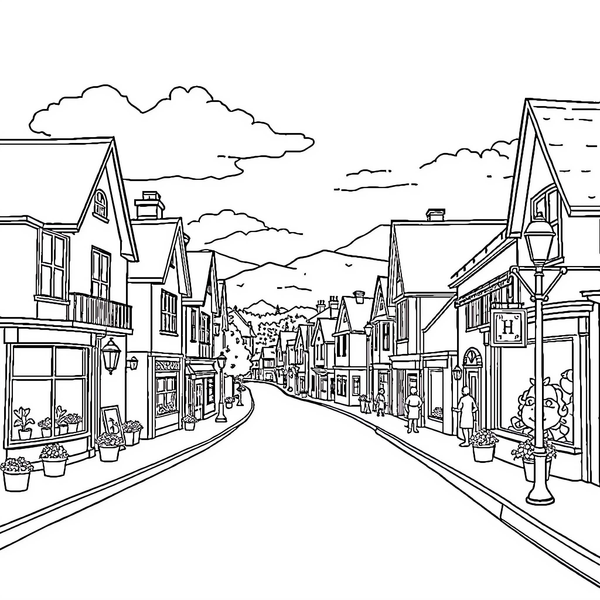 Hatfield's Quaint Town Scene with Mountain Backdrop Coloring Page (free black-and-white line drawing printable PDF for all, from beginners to advanced learners, including children, teens, adults, and seniors)