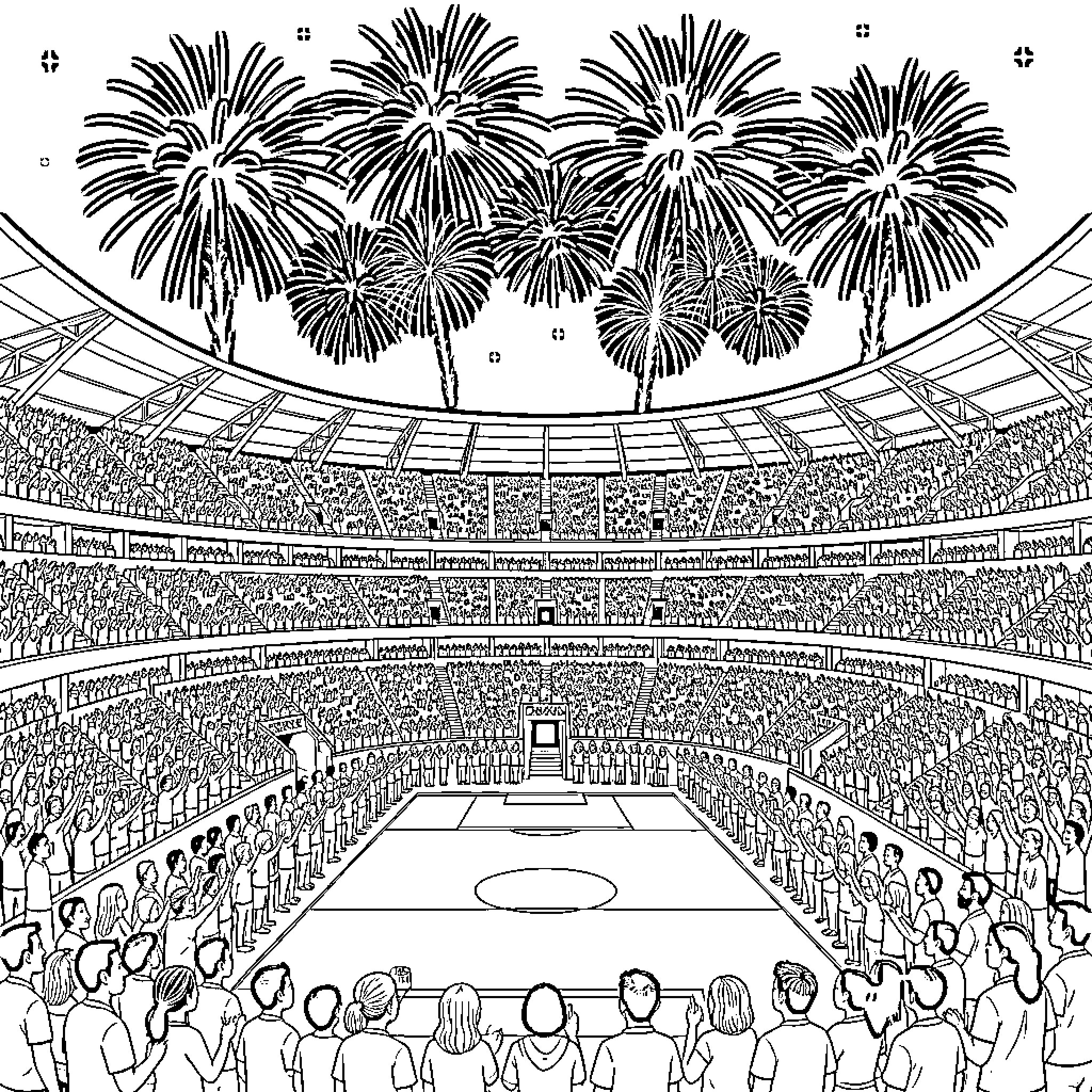 Estadio filled with cheering crowds and fireworks Coloring Page (free black-and-white line drawing printable PDF for all, from beginners to advanced learners, including children, teens, adults, and seniors)