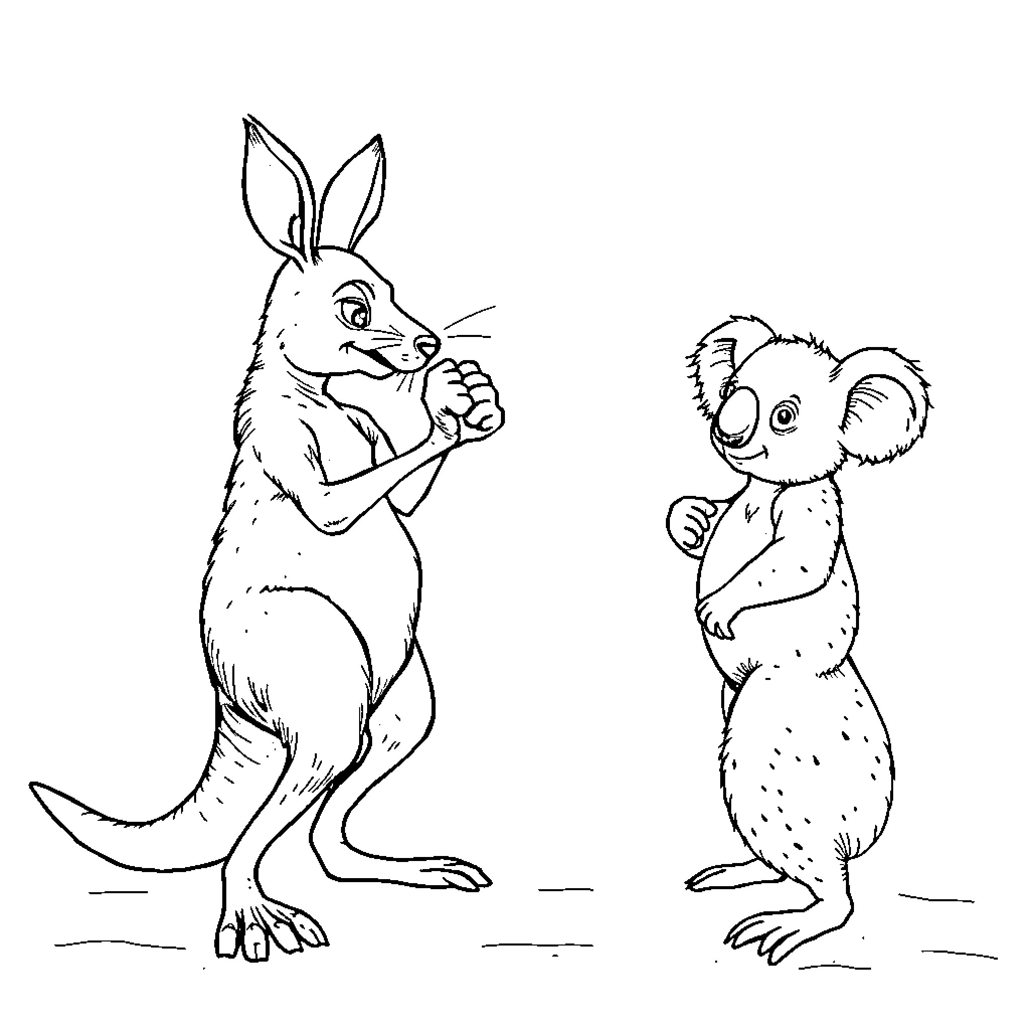 Kangaroo and koala in playful encounter Coloring Page (free black-and-white line drawing printable PDF for all, from beginners to advanced learners, including children, teens, adults, and seniors)