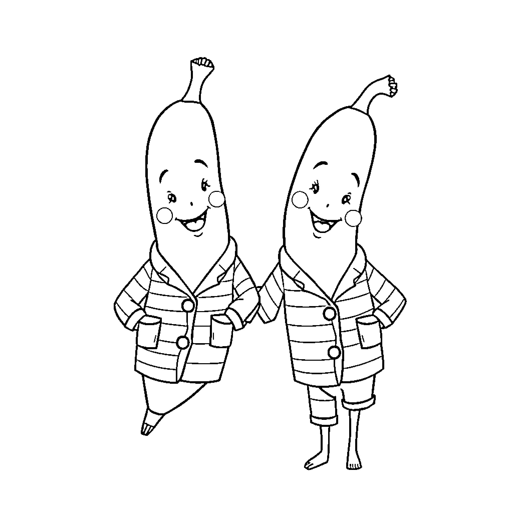 Banana friends dressed in cute outfits Coloring Page (free black-and-white line drawing printable PDF for all, from beginners to advanced learners, including children, teens, adults, and seniors)