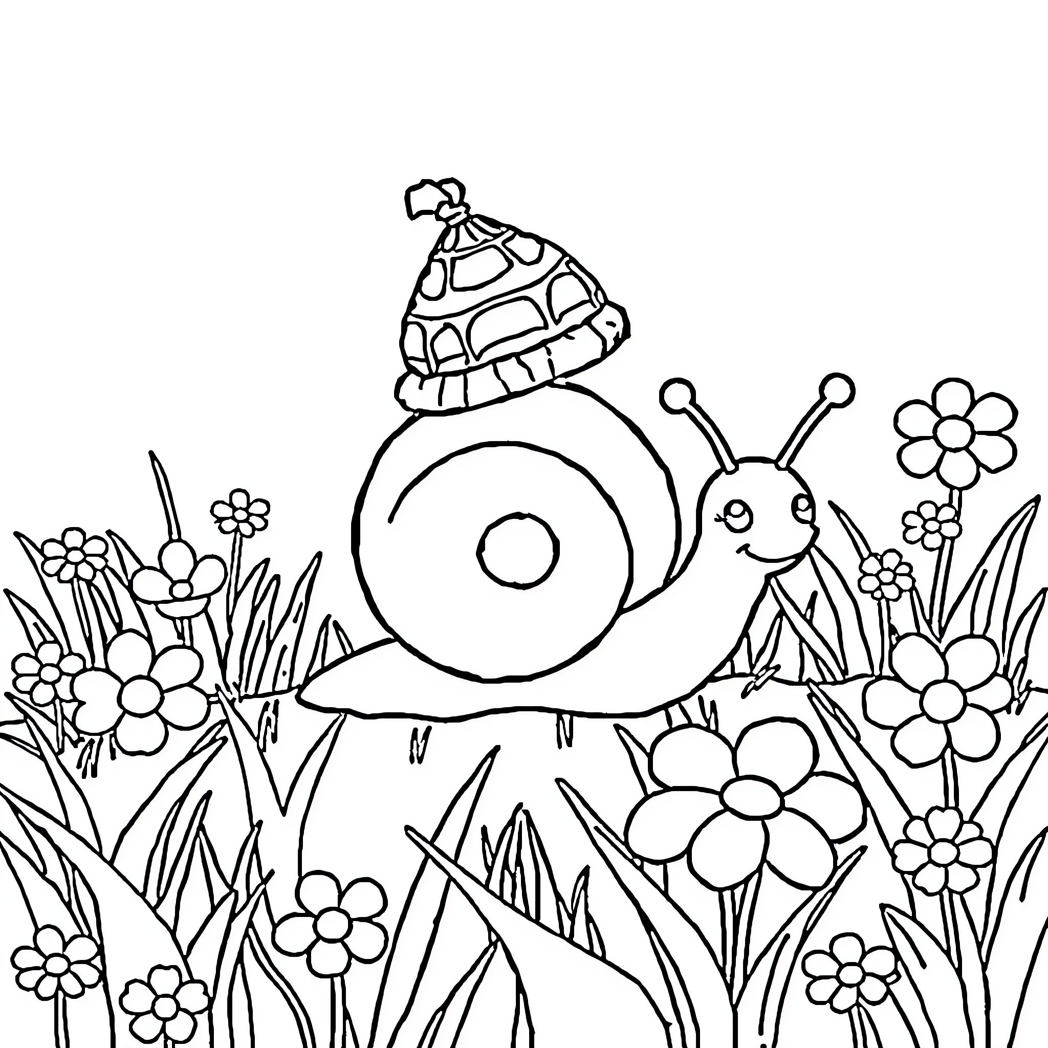 Snail enjoying the garden with colorful flowers Coloring Page (free black-and-white line drawing printable PDF for all, from beginners to advanced learners, including children, teens, adults, and seniors)