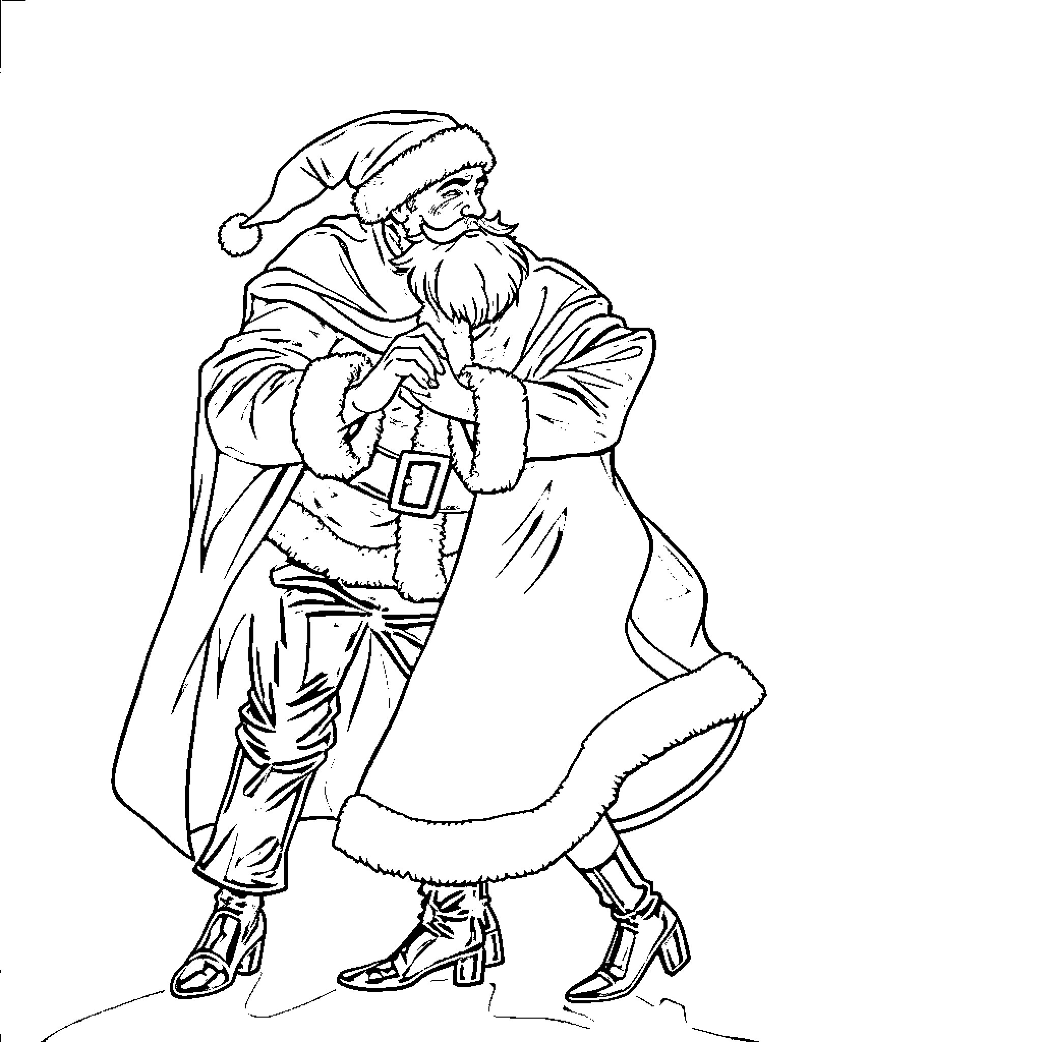 Santa Claus winking and smiling cheerfully Coloring Page (free black-and-white line drawing printable PDF for all, from beginners to advanced learners, including children, teens, adults, and seniors)