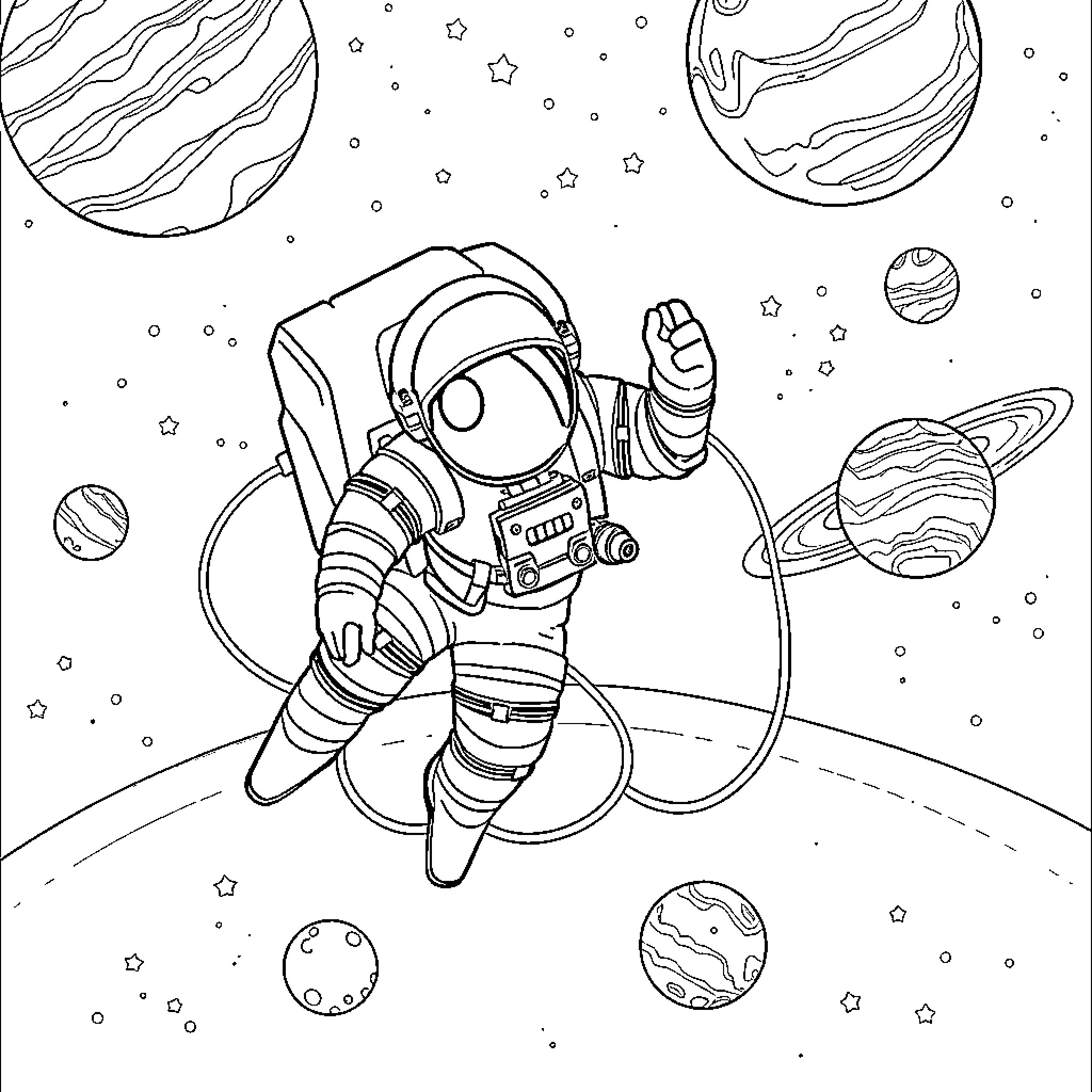 Astronaut exploring the wonders of outer space Coloring Page (free black-and-white line drawing printable PDF for all, from beginners to advanced learners, including children, teens, adults, and seniors)