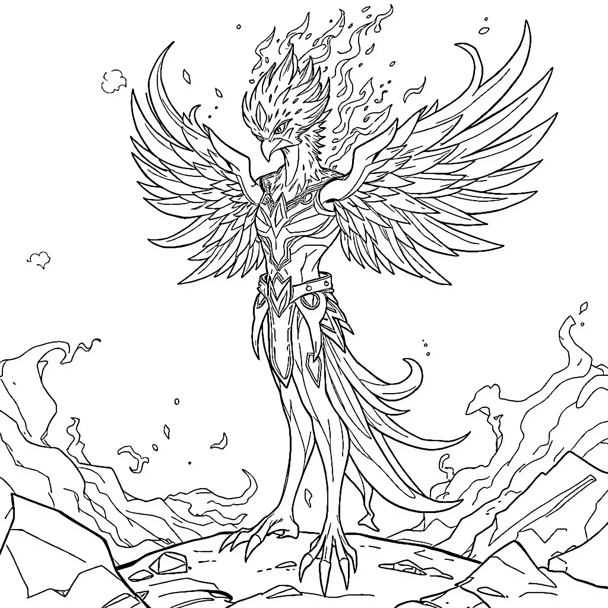 Phoenix rising from the ashes in a dramatic display Coloring Page (free black-and-white line drawing printable PDF for all, from beginners to advanced learners, including children, teens, adults, and seniors)