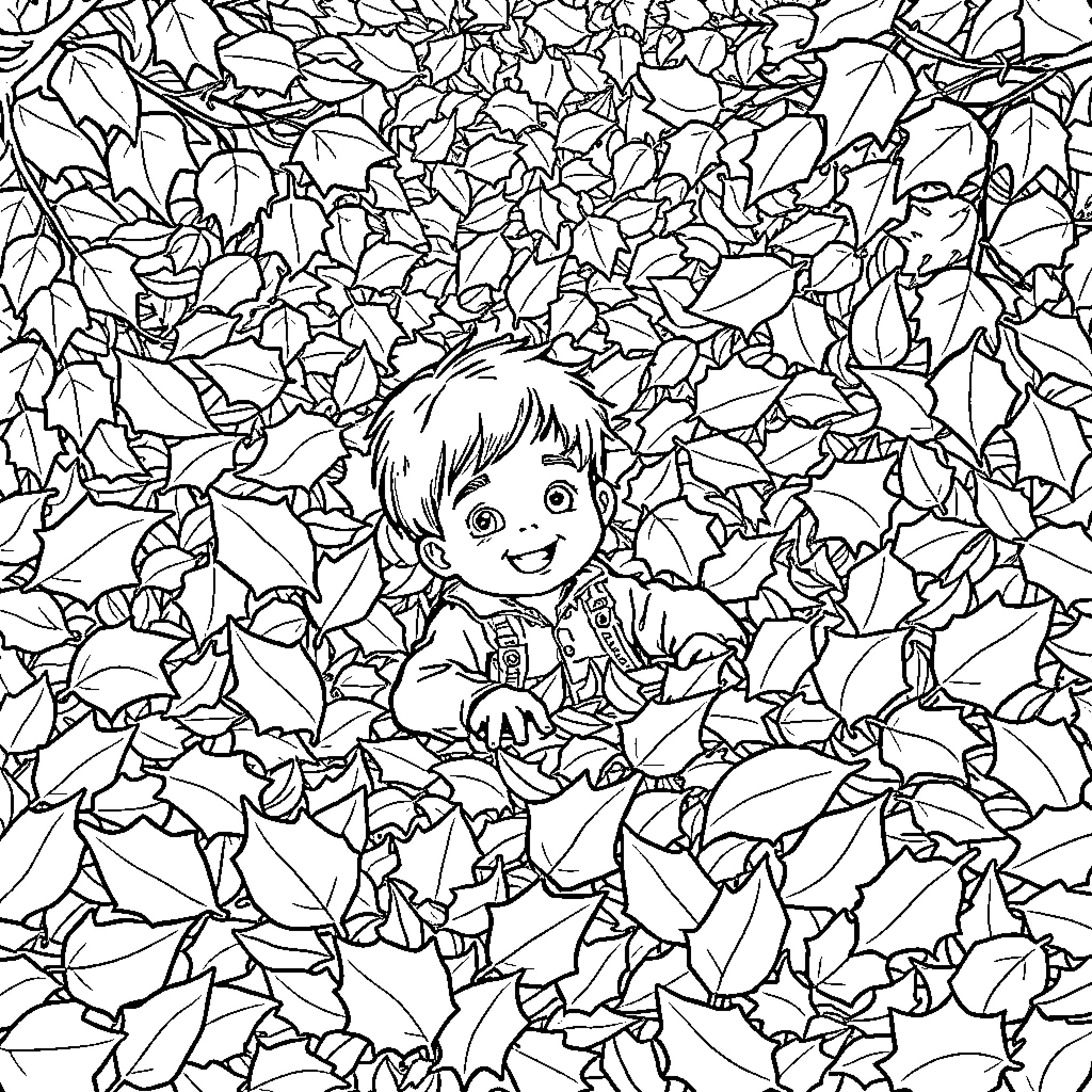 Boy playing joyfully in autumn leaves Coloring Page (free black-and-white line drawing printable PDF for all, from beginners to advanced learners, including children, teens, adults, and seniors)
