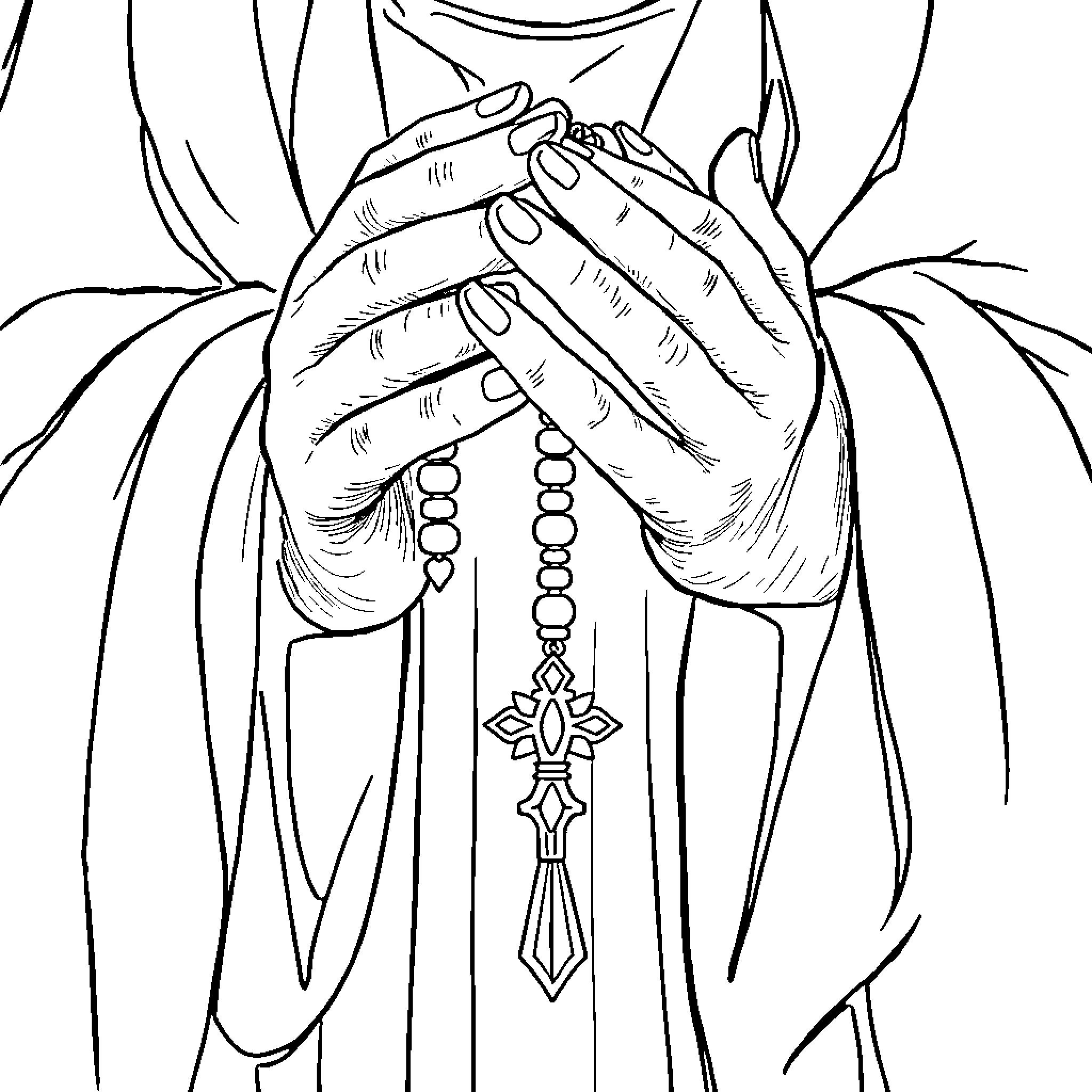 Mary's Prayerful Devotion Coloring Page (free black-and-white line drawing printable PDF for all, from beginners to advanced learners, including children, teens, adults, and seniors)