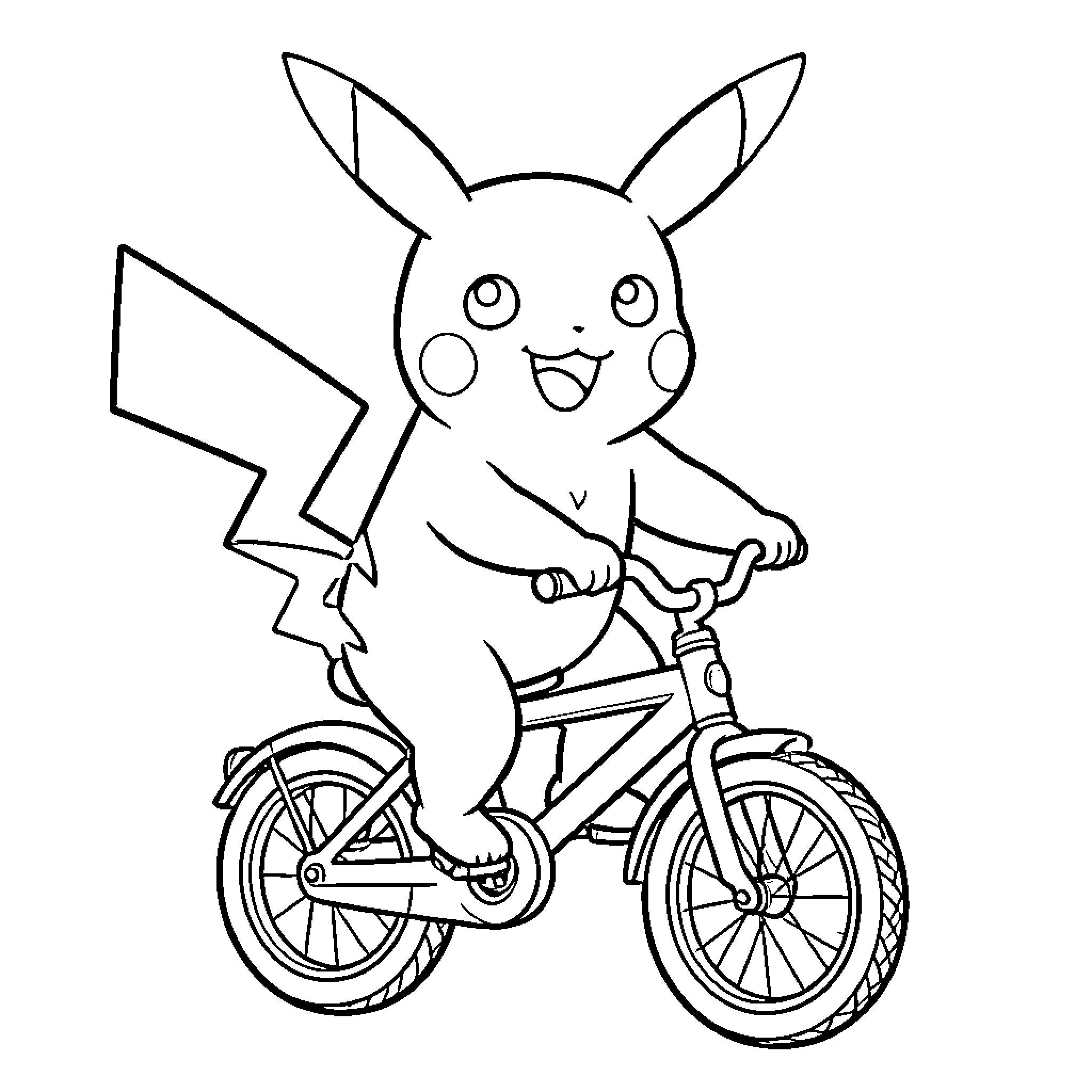Pikachu riding a bicycle with a joyful expression Coloring Page (free black-and-white line drawing printable PDF for all, from beginners to advanced learners, including children, teens, adults, and seniors)