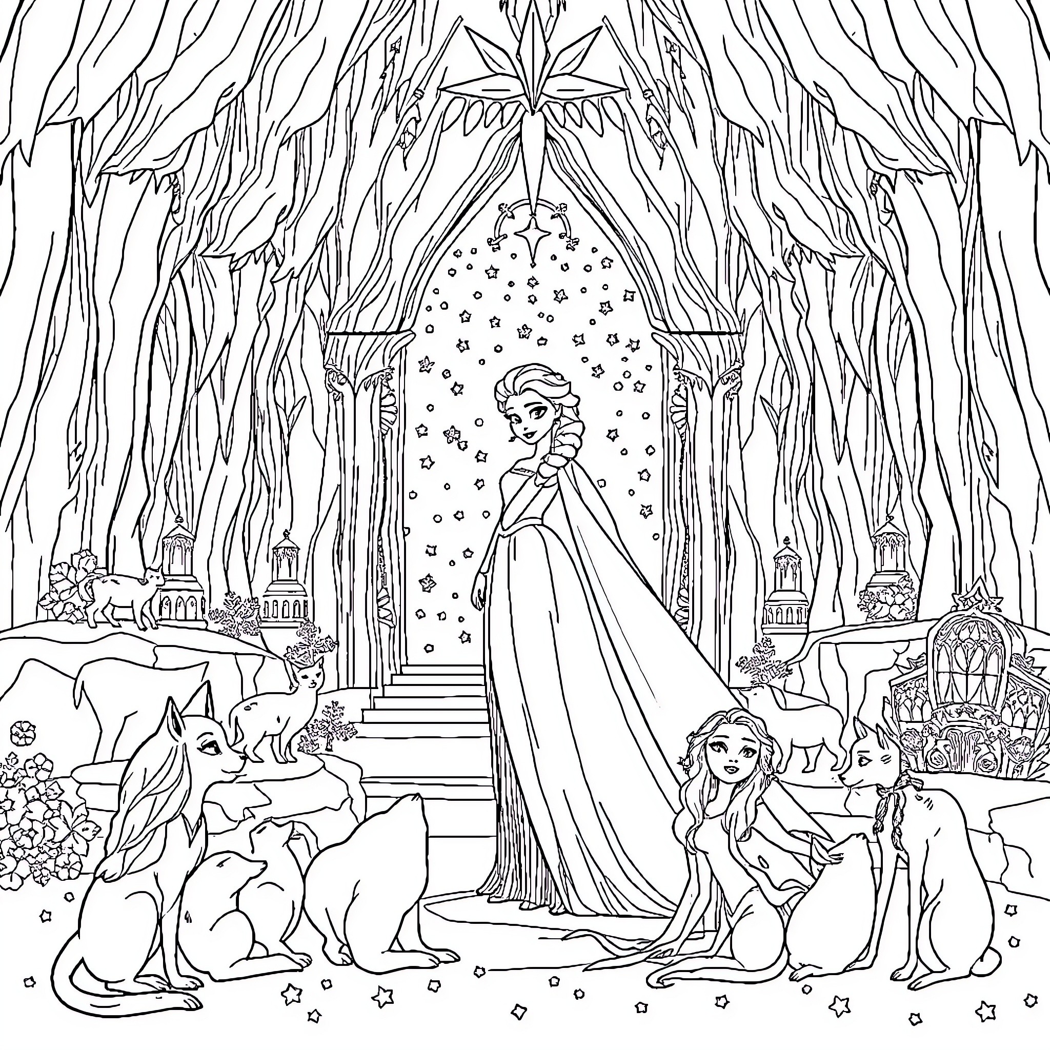 Elsa's Winter Palace Celebration with Friends Coloring Page (free black-and-white line drawing printable PDF for all, from beginners to advanced learners, including children, teens, adults, and seniors)