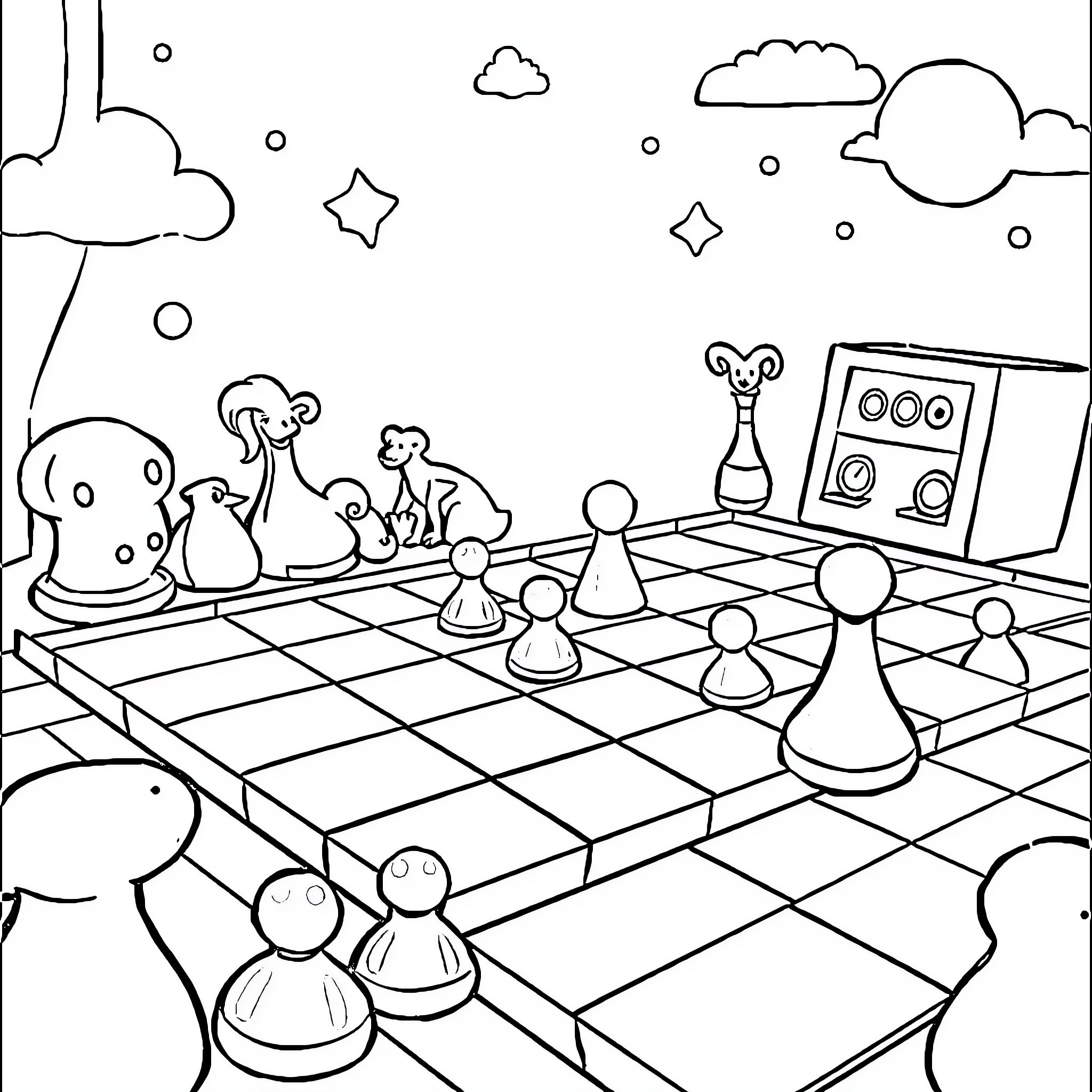 Board Game With Whimsical Figures and Cosmic Backdrop Coloring Page (free black-and-white line drawing printable PDF for all, from beginners to advanced learners, including children, teens, adults, and seniors)