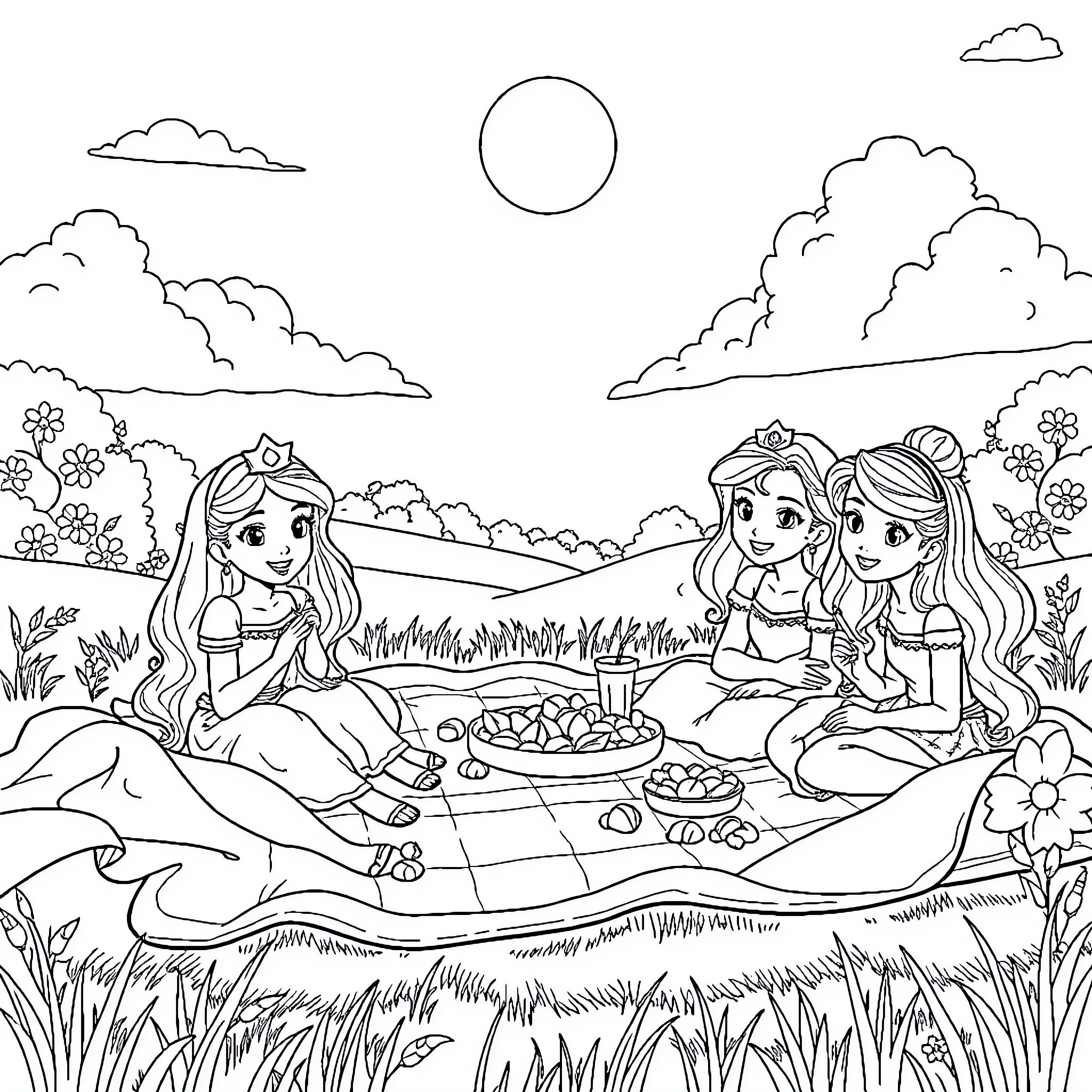 Princess Picnicking on a Sunny Meadow Coloring Page (free black-and-white line drawing printable PDF for all, from beginners to advanced learners, including children, teens, adults, and seniors)