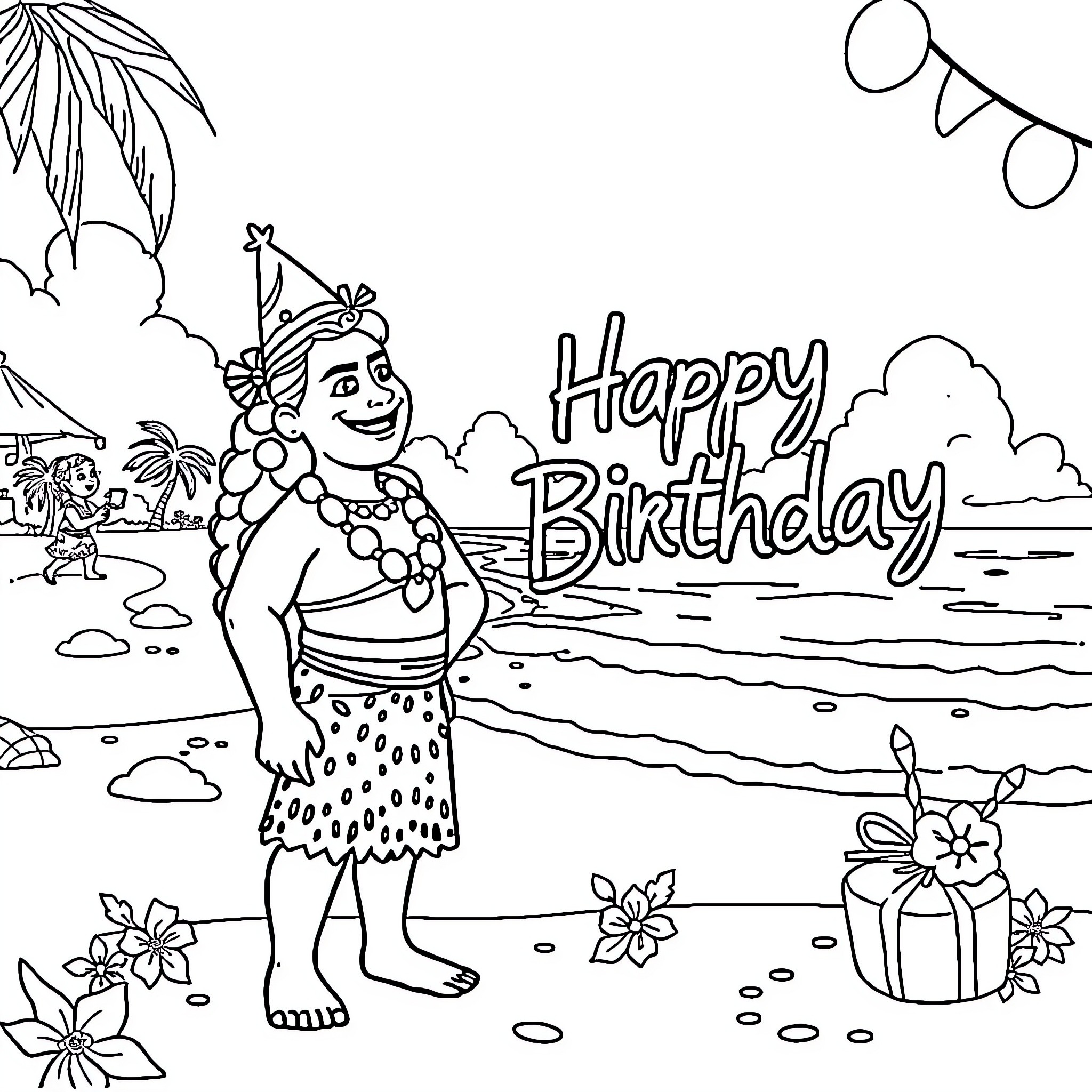 Moana celebrating a happy birthday on the beach Coloring Page (free black-and-white line drawing printable PDF for all, from beginners to advanced learners, including children, teens, adults, and seniors)