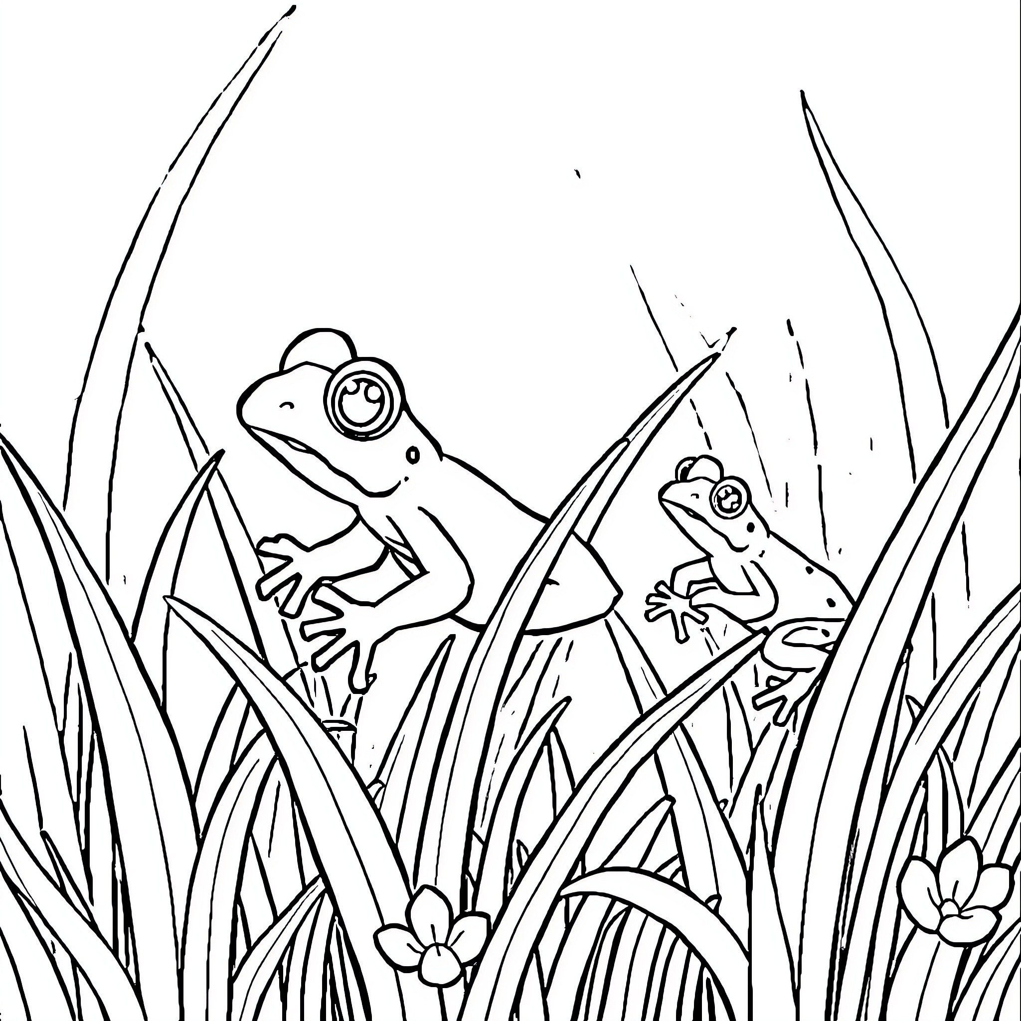 Frogs enjoying the nature scene Coloring Page (free black-and-white line drawing printable PDF for all, from beginners to advanced learners, including children, teens, adults, and seniors)