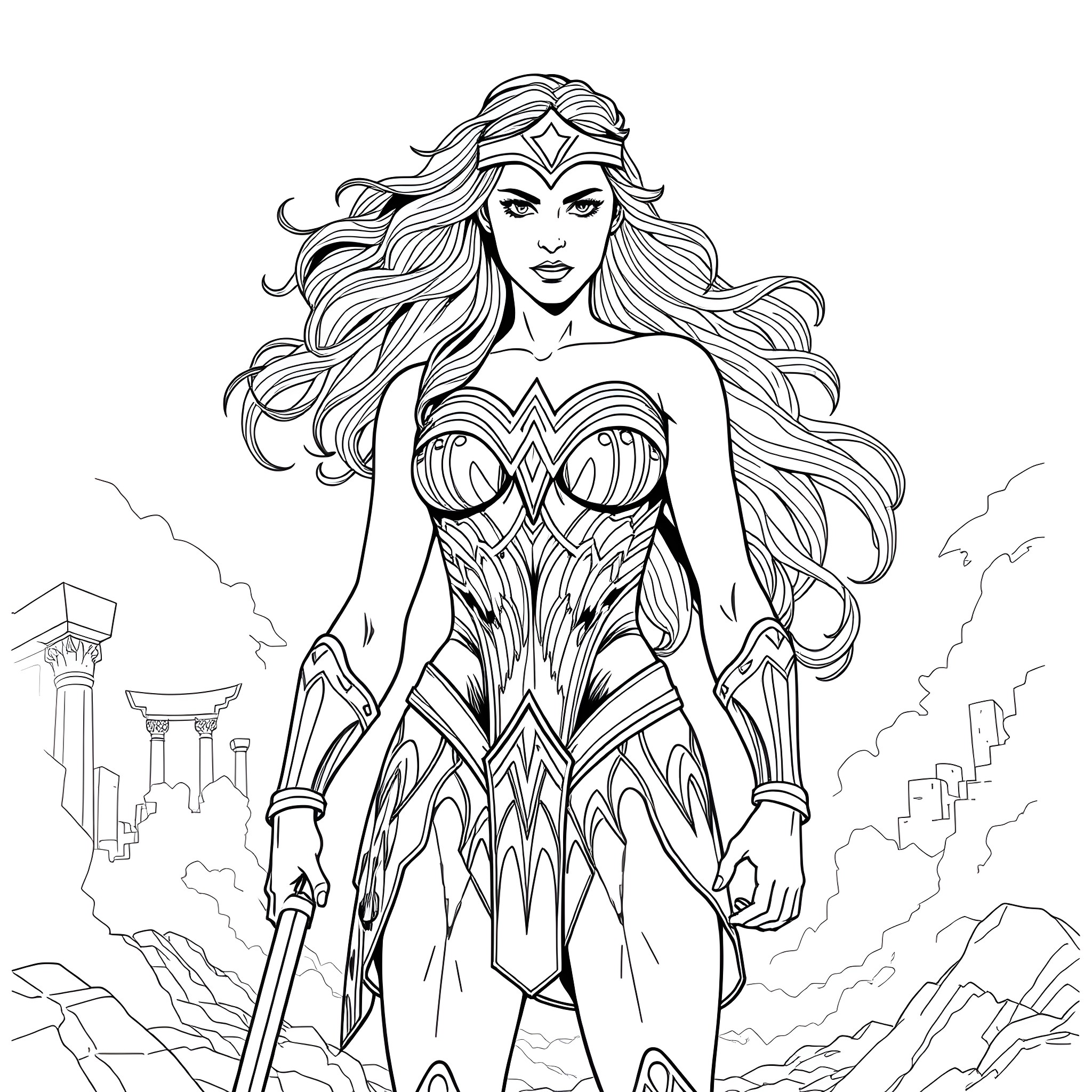 Wonder Woman heroically stands against the city skyline Coloring Page (free black-and-white line drawing printable PDF for all, from beginners to advanced learners, including children, teens, adults, and seniors)