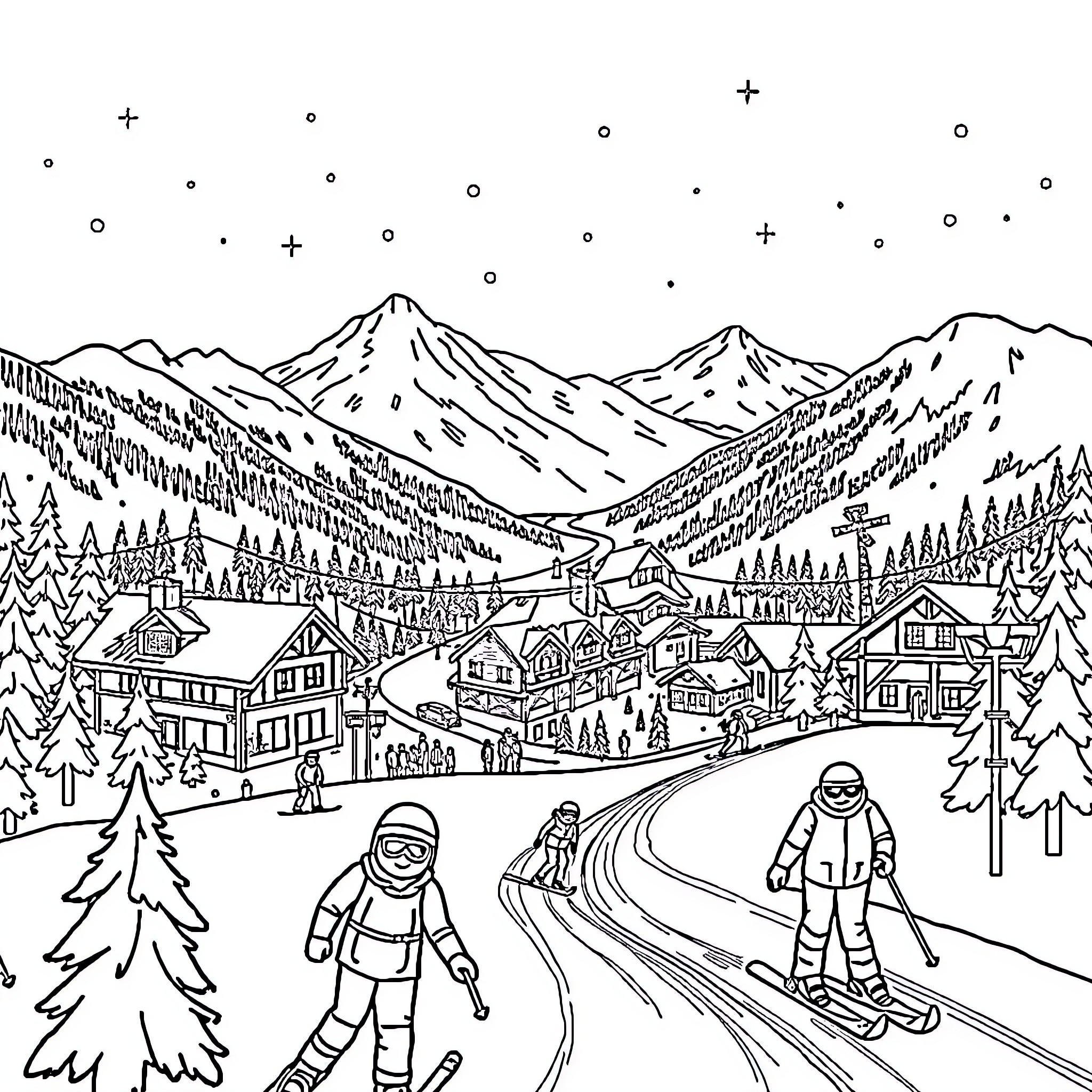 Ski Station Winter Wonderland Outdoor Adventure Coloring Page (free black-and-white line drawing printable PDF for all, from beginners to advanced learners, including children, teens, adults, and seniors)