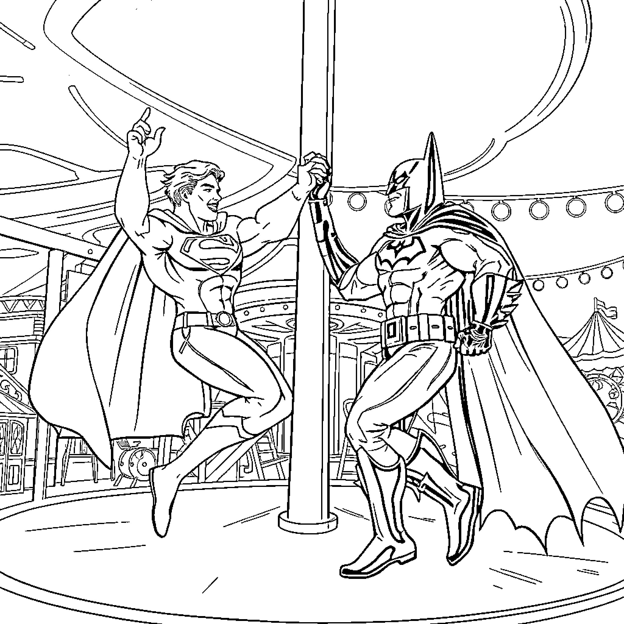 Superman and Batman in action on carnival ride Coloring Page (free black-and-white line drawing printable PDF for all, from beginners to advanced learners, including children, teens, adults, and seniors)