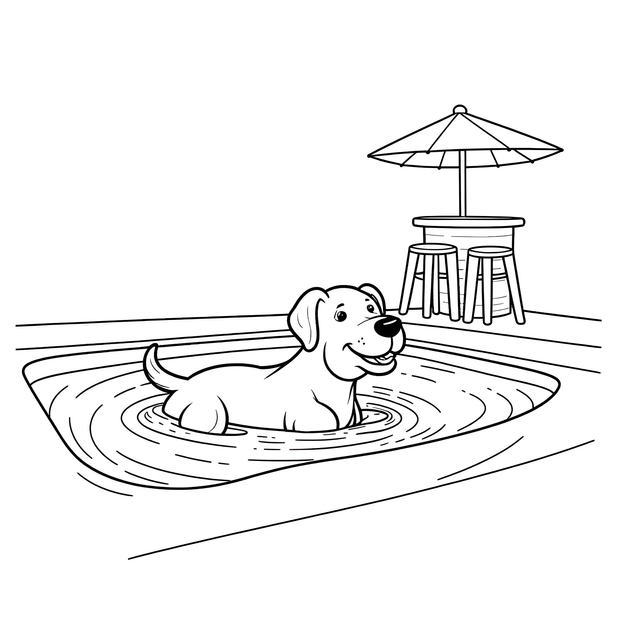 Dog enjoying a dip in the pool Coloring Page (free black-and-white line drawing printable PDF for all, from beginners to advanced learners, including children, teens, adults, and seniors)