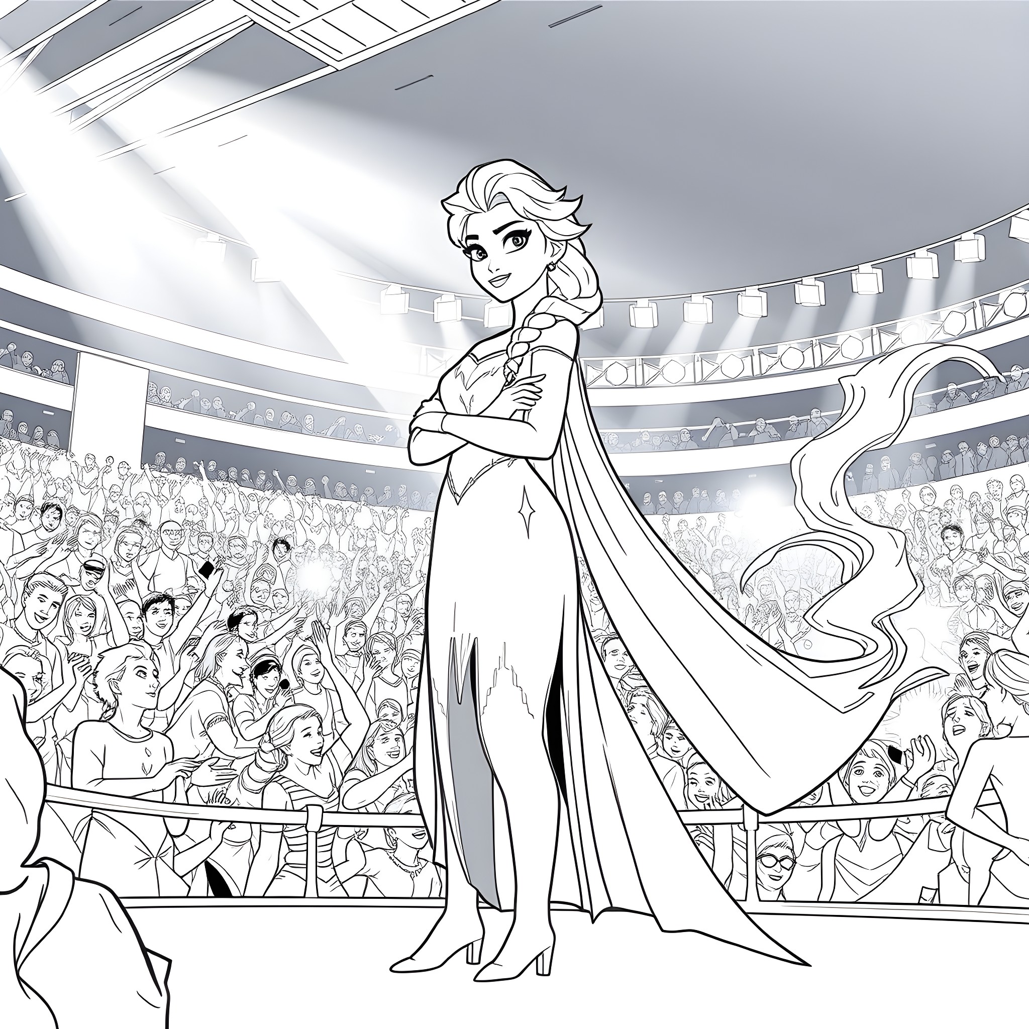 Elsa's Regal Appearance in the Spotlight Coloring Page (free black-and-white line drawing printable PDF for all, from beginners to advanced learners, including children, teens, adults, and seniors)