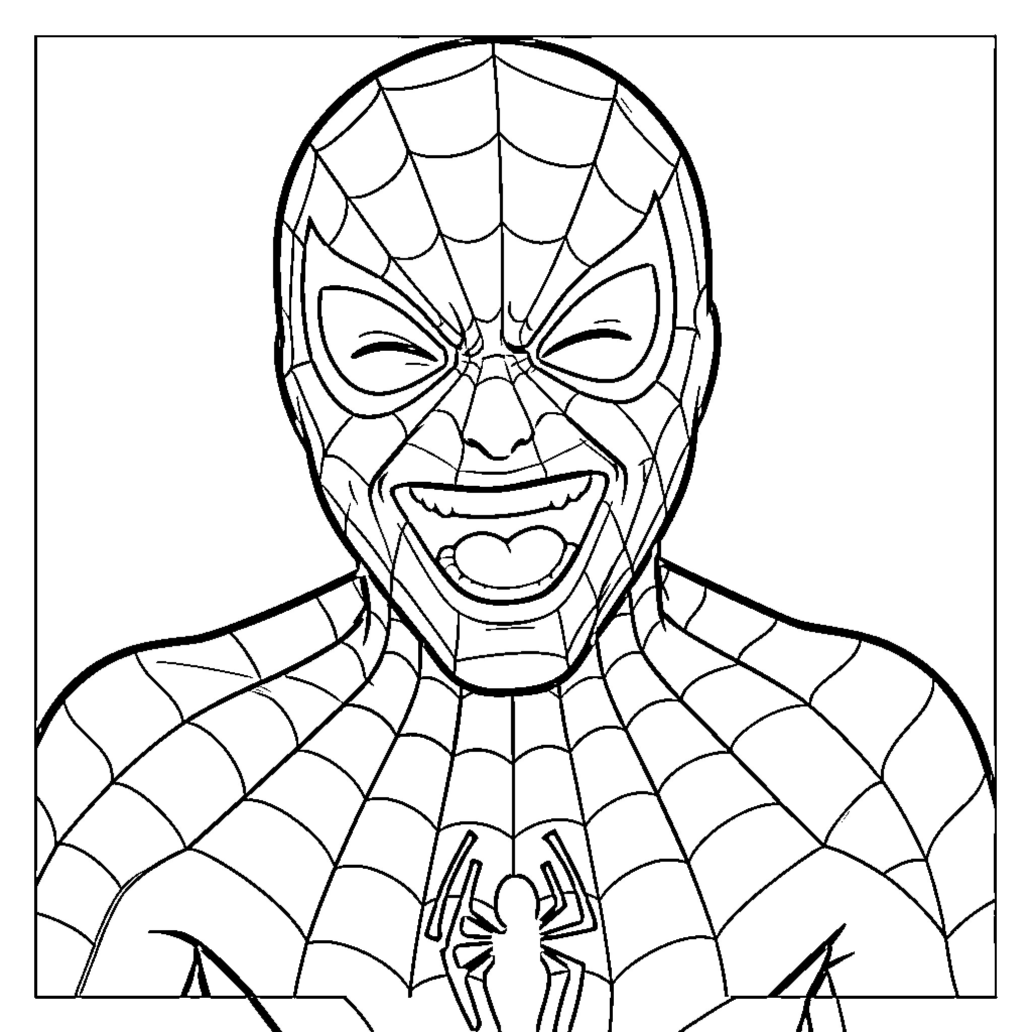 Spiderman laughing joyfully in his iconic suit Coloring Page (free black-and-white line drawing printable PDF for all, from beginners to advanced learners, including children, teens, adults, and seniors)